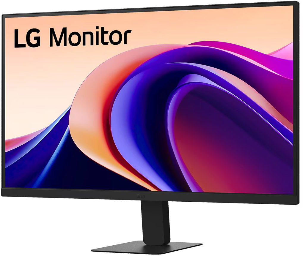Egy LG monitor fekete állvánnyal és ívelt képernyővel, amely egy színes, absztrakt dizájnt jelenít meg.
