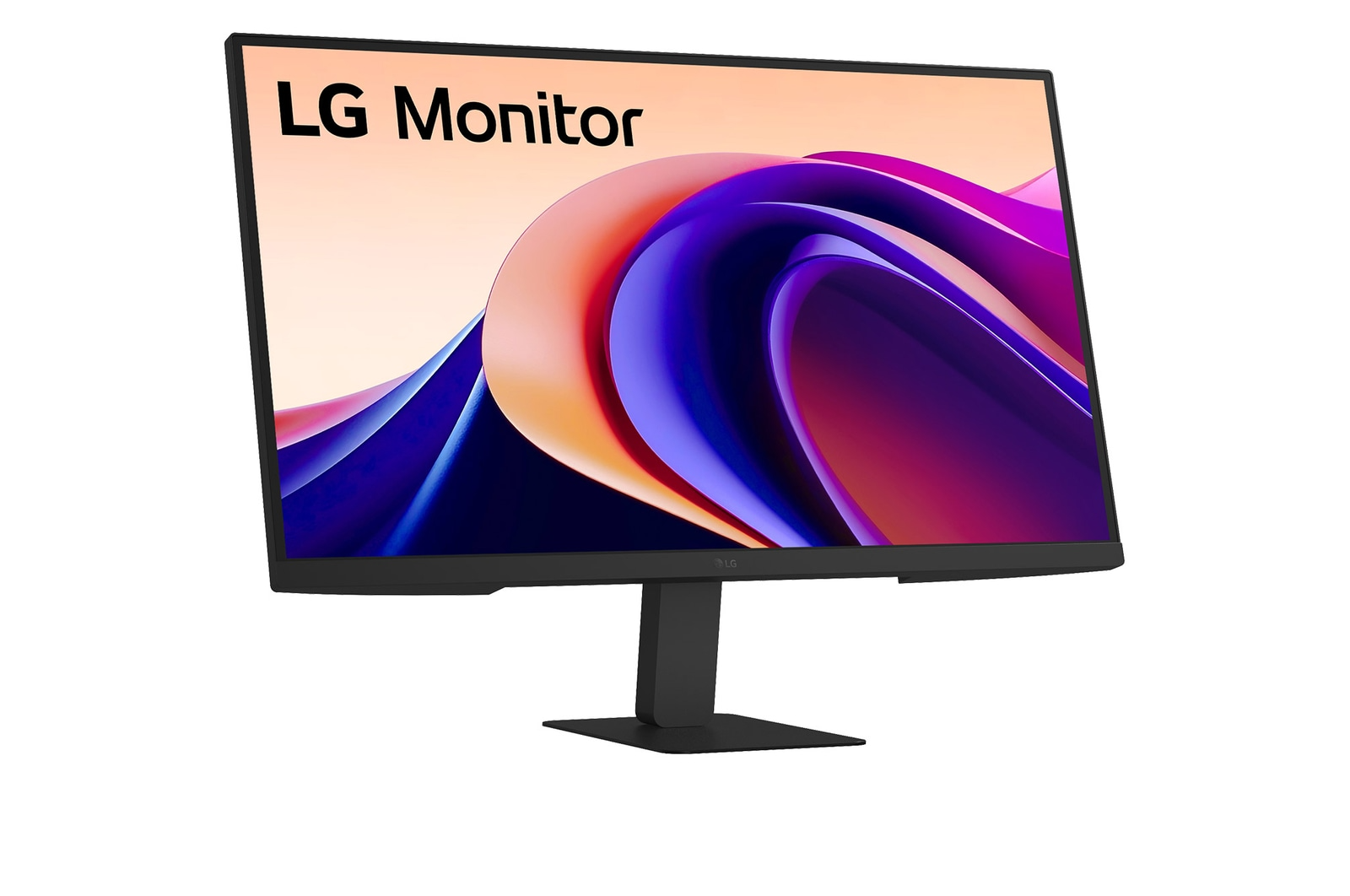 Fekete LG monitor állvánnyal, színes grafikát jelenít meg.