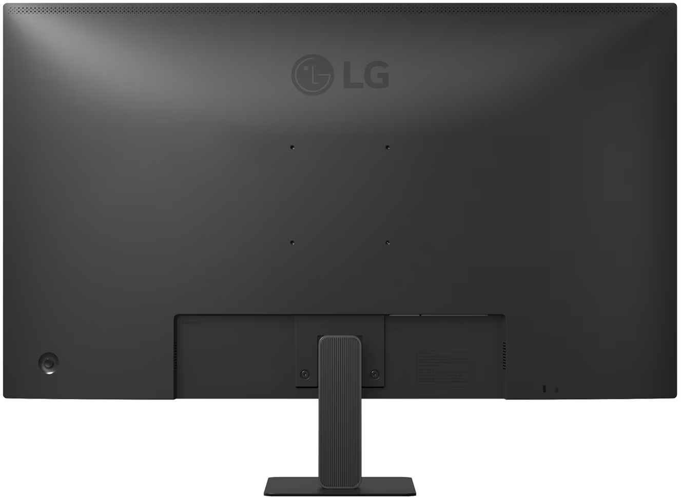 Egy fekete LG monitor hátulja, állvánnyal és különböző portokkal.