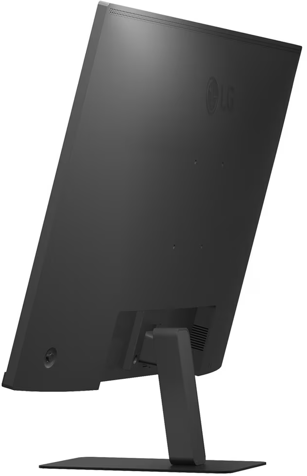 Fekete LG monitor oldalról. A talp és a képernyő hátulja látható.