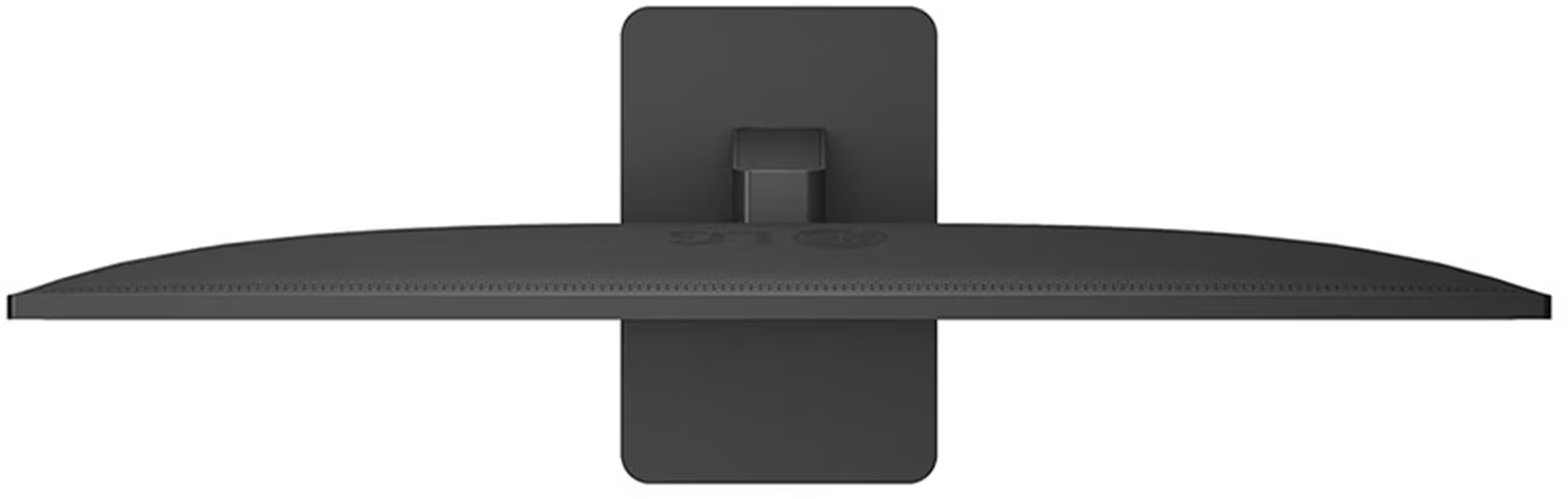 Felülnézet egy fekete LG monitorról, fekete állvánnyal.