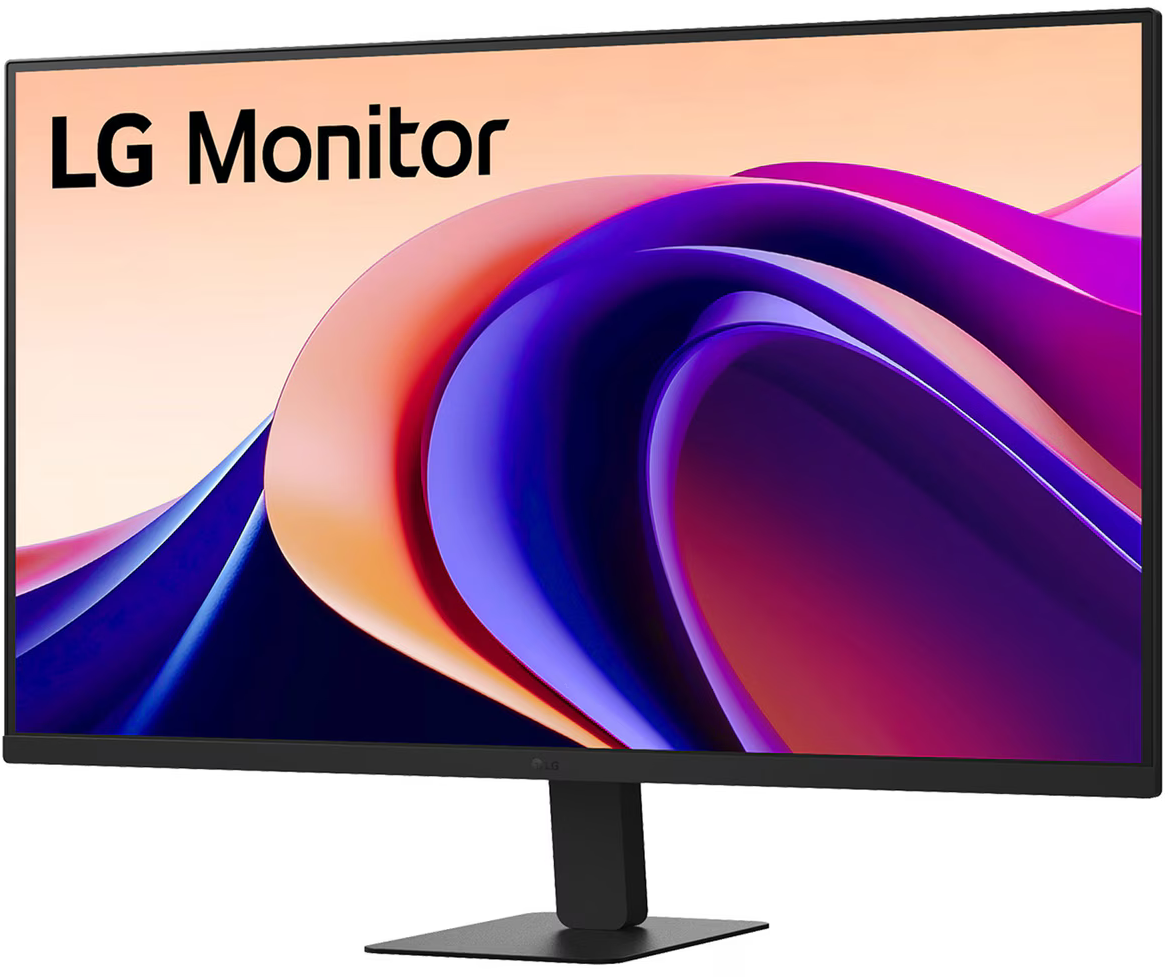 LG monitor fekete kerettel, színes, absztrakt képpel a képernyőn.