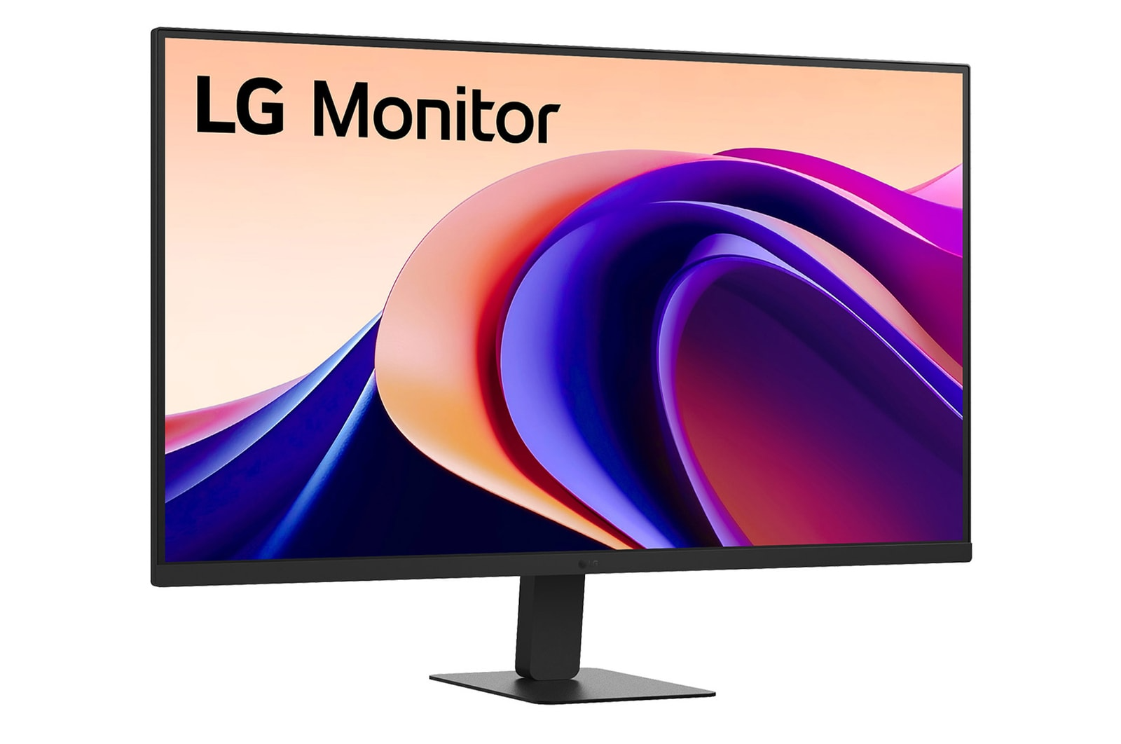Egy LG monitor fekete állvánnyal, lila és narancssárga árnyalatú absztrakt képet jelenít meg.