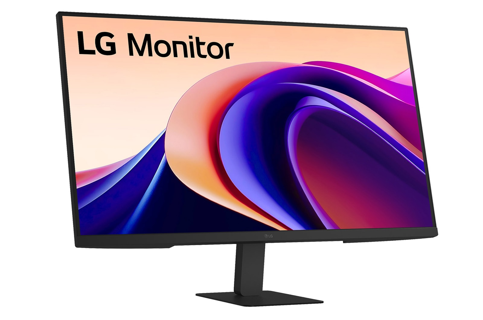 Az LG monitor absztrakt, színes képet jelenít meg. Fekete alap és keret, fehér háttér. Perspektivikus nézet, balra dől.