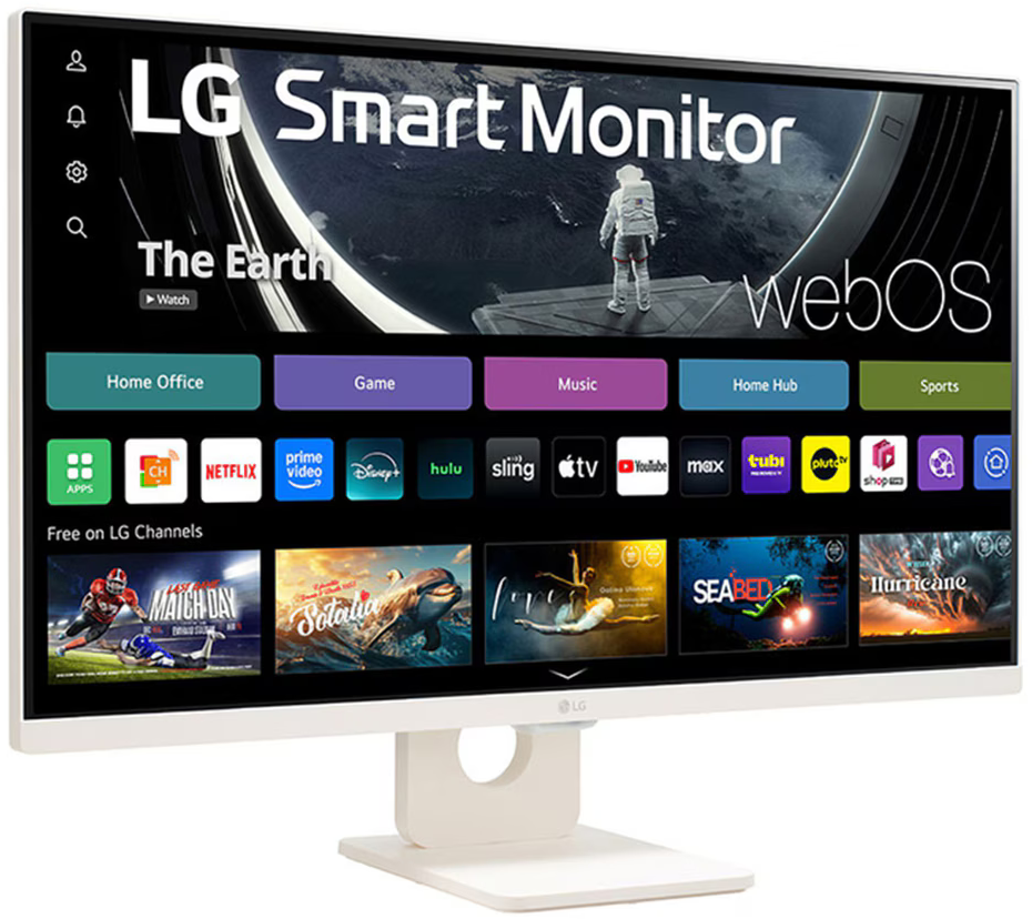 Egy LG okos monitor képernyőjén alkalmazások és menü gombok láthatók.