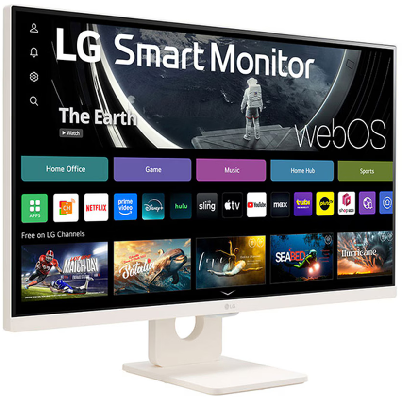 Az LG Smart Monitor egy TV-felületet jelenít meg különböző alkalmazásikonokkal és űrháttérrel.