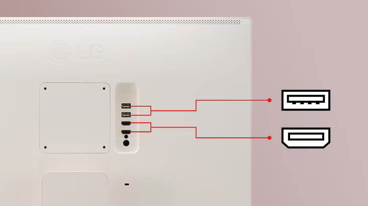 Egy fehér monitor hátulja, piros vonalakkal kiemelt portokkal és csatlakozásokkal.