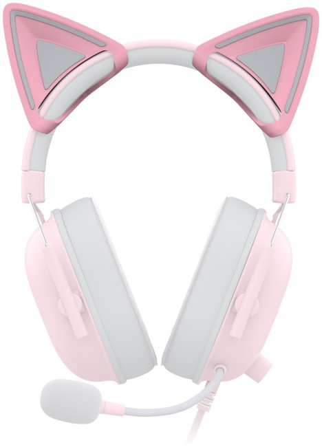 Różowe słuchawki z kocimi uszami i mikrofonem. Użyto kolorów białego i różowego. Białe tło.
