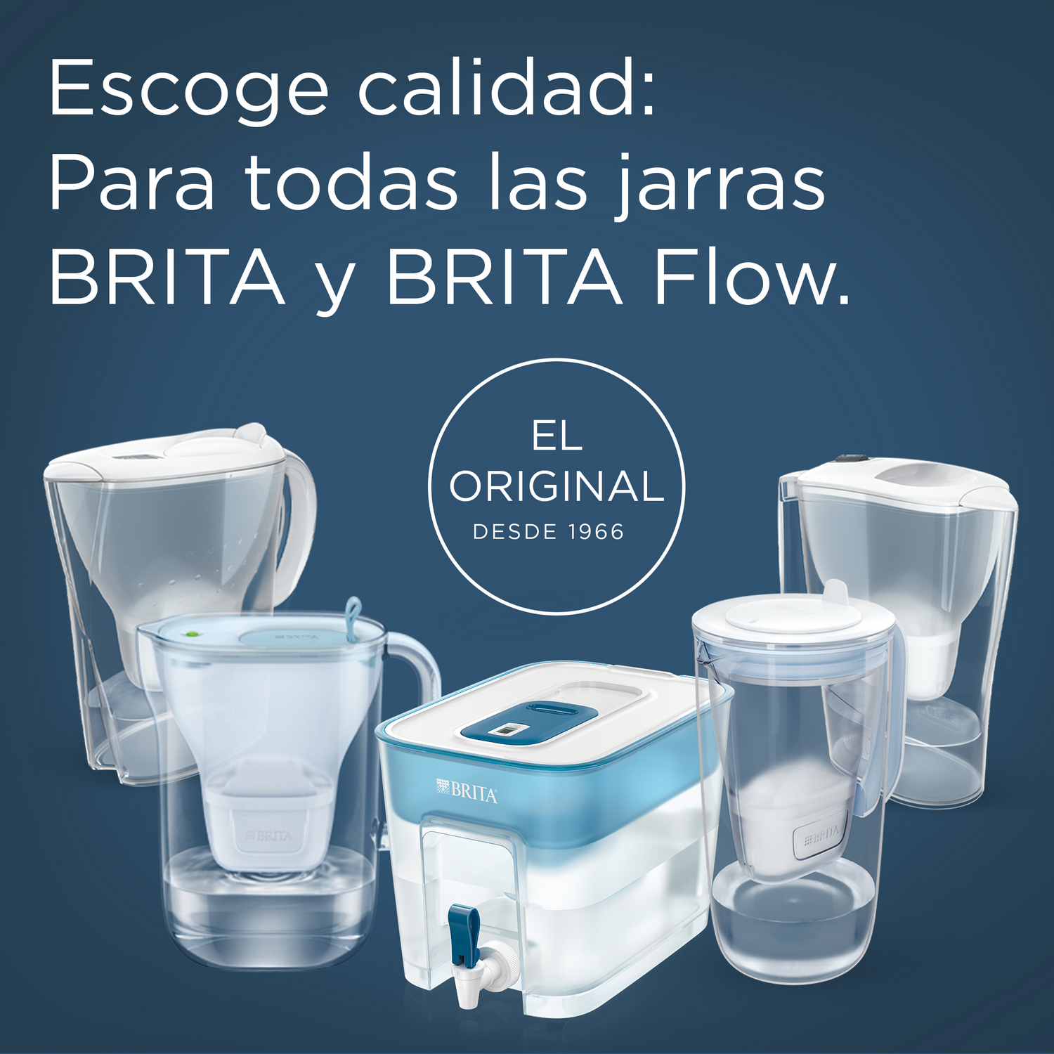 Varias jarras de filtro de agua. El texto dice: 'Elige calidad: Para todos los BRITA'.