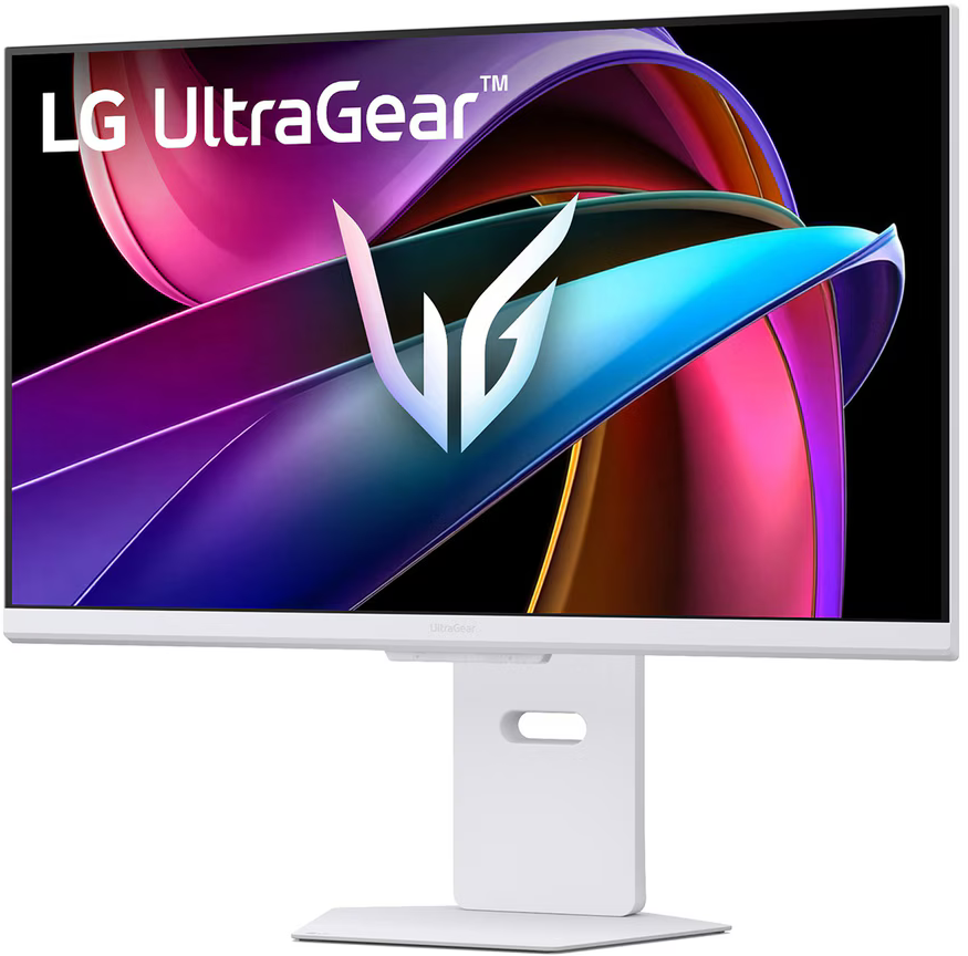 Egy LG UltraGear monitor fehér háttéren, absztrakt képet jelenítve meg.