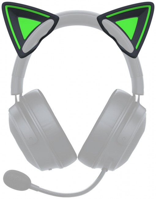 Słuchawki z kocimi uszami. Uszy są czarne z zielonymi trójkątnymi wstawkami. Białe tło.