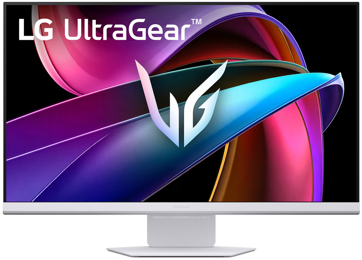 LG UltraGear monitor. Fehér keret, nagy logó a képernyőn. Fekete háttér.