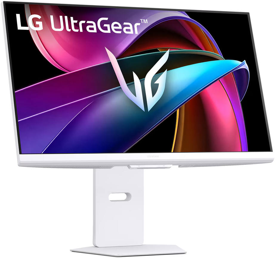 Fehér LG UltraGear monitor fehér állványon, élénk, színes kijelzővel.