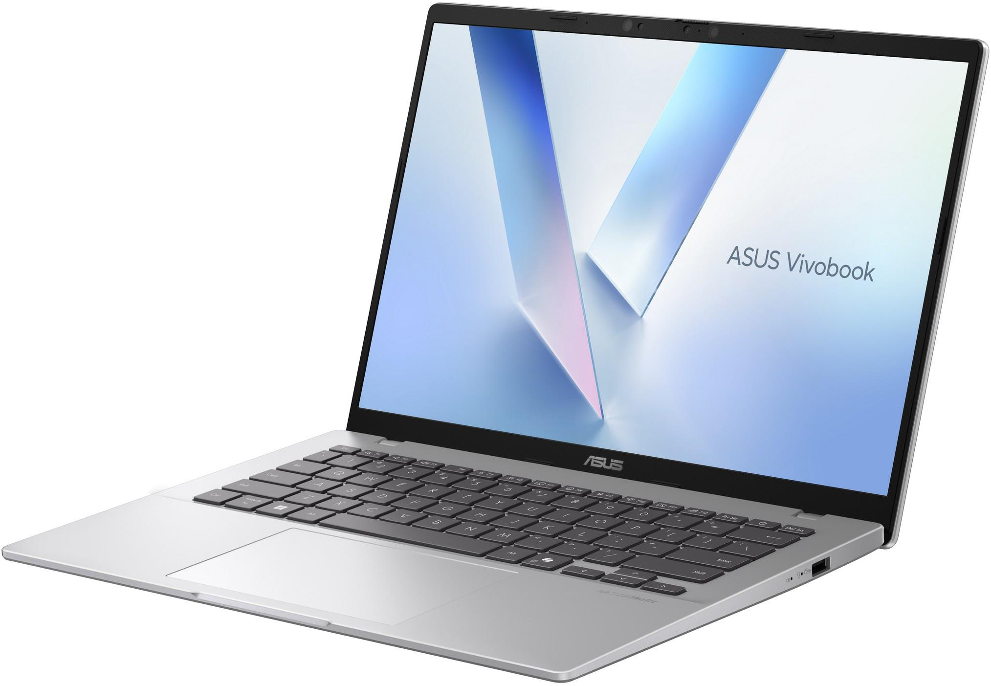 Egy ezüst ASUS Vivobook laptop, nyitva, a billentyűzet látható, fehér háttérrel.