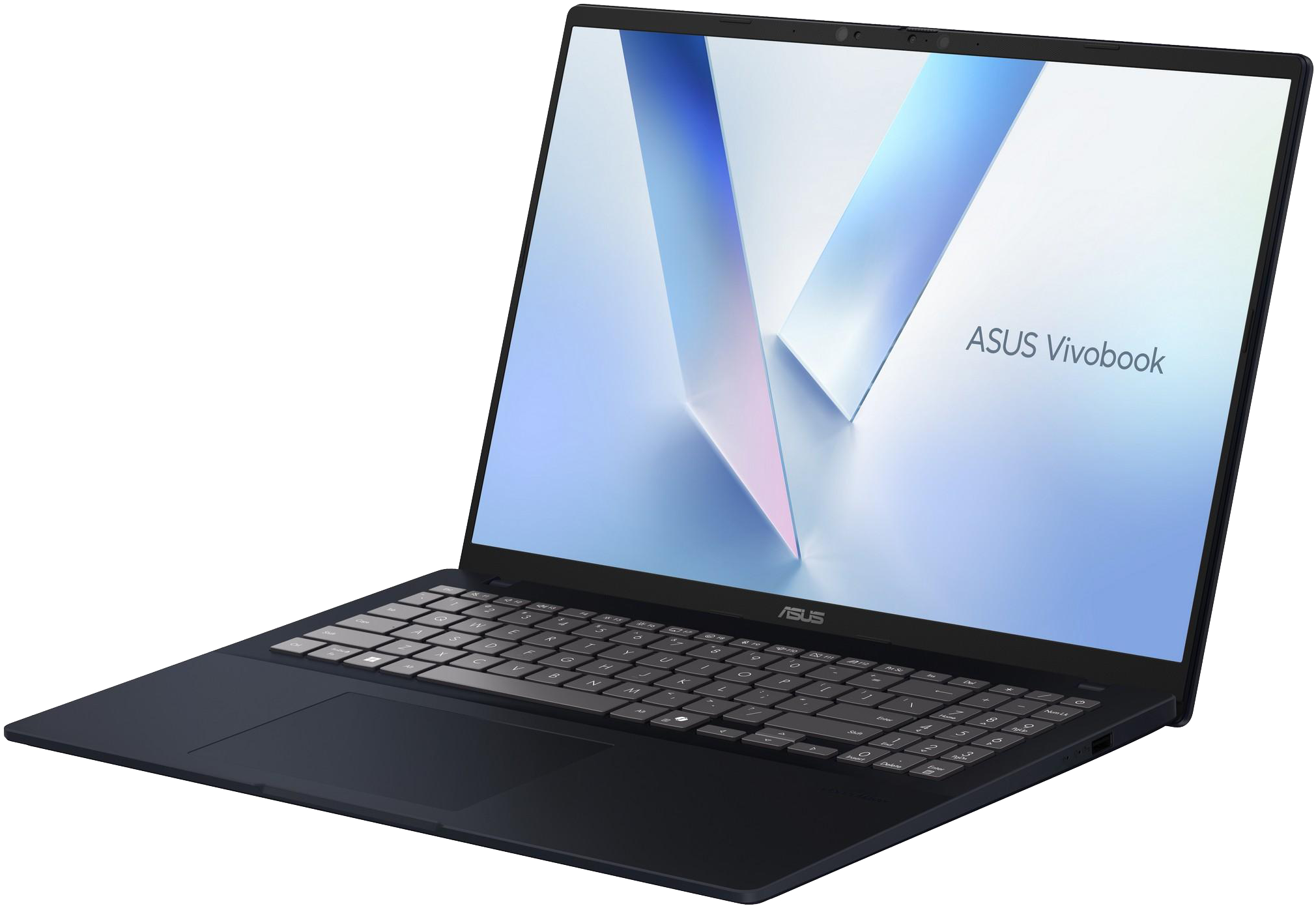 Sötétkék laptop, nyitva, ferdén. 'ASUS Vivobook' a képernyőn.