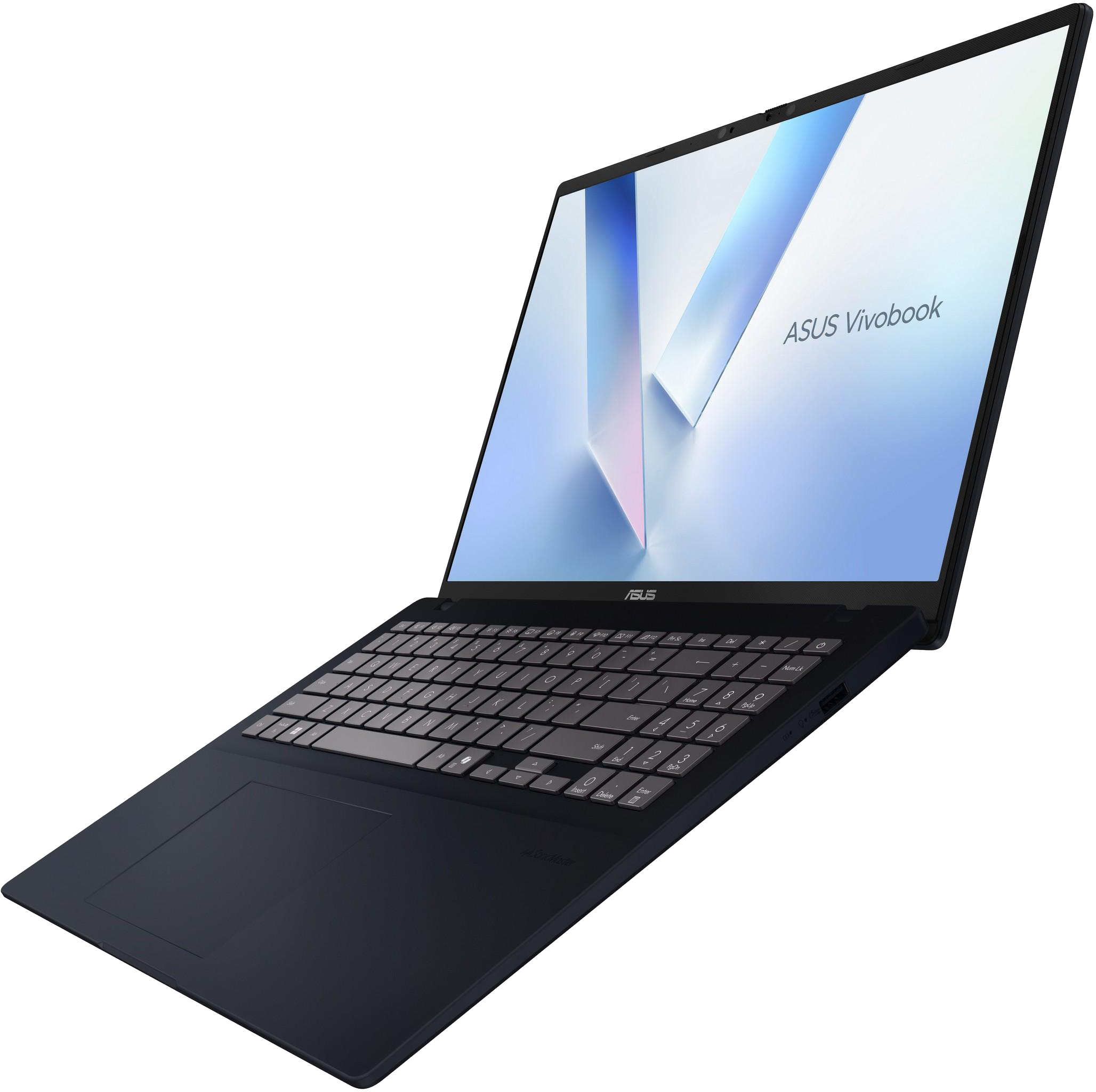 Sötétkék laptop. Nyitva, mutatja a billentyűzetet és a képernyőt. A képernyőn az ASUS Vivobook logó látható.
