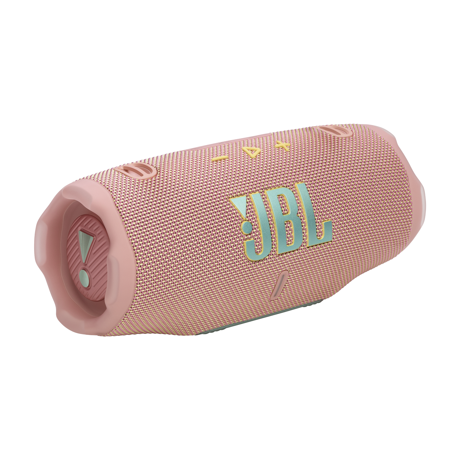 Pembe bir JBL hoparlör, oval şeklinde, file kaplamalı. JBL logosu mavi renkte. Açılı, siyah bir arka plan üzerinde.