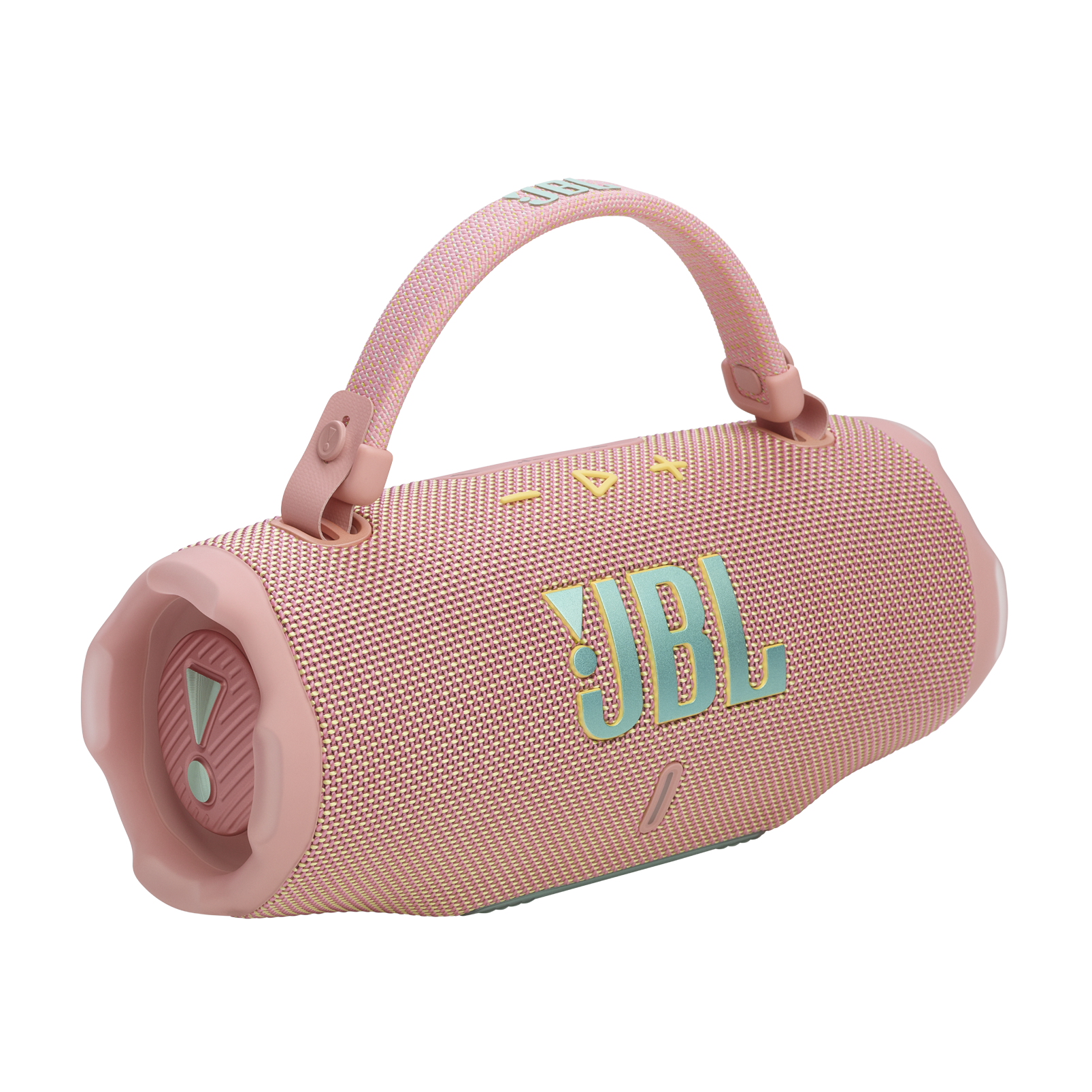 Pembe JBL hoparlör, tutma sapı, turkuaz logo, siyah arka plan üzerinde.