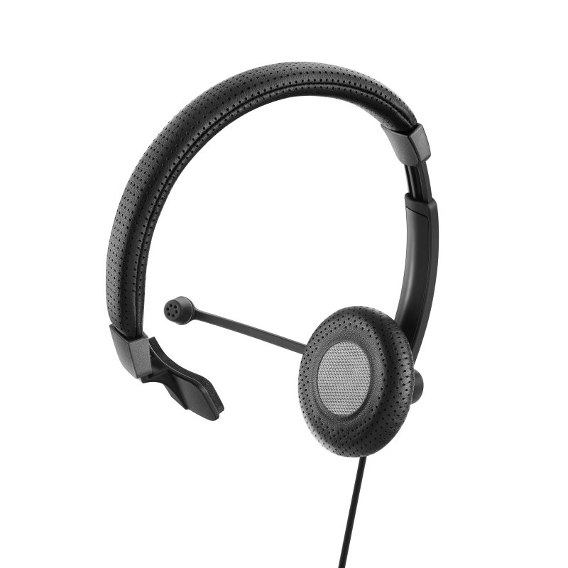Un auricular negro con micrófono y cable.