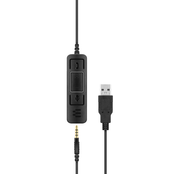Cable negro de auriculares con controles en línea, conector de 3,5 mm y enchufe USB.