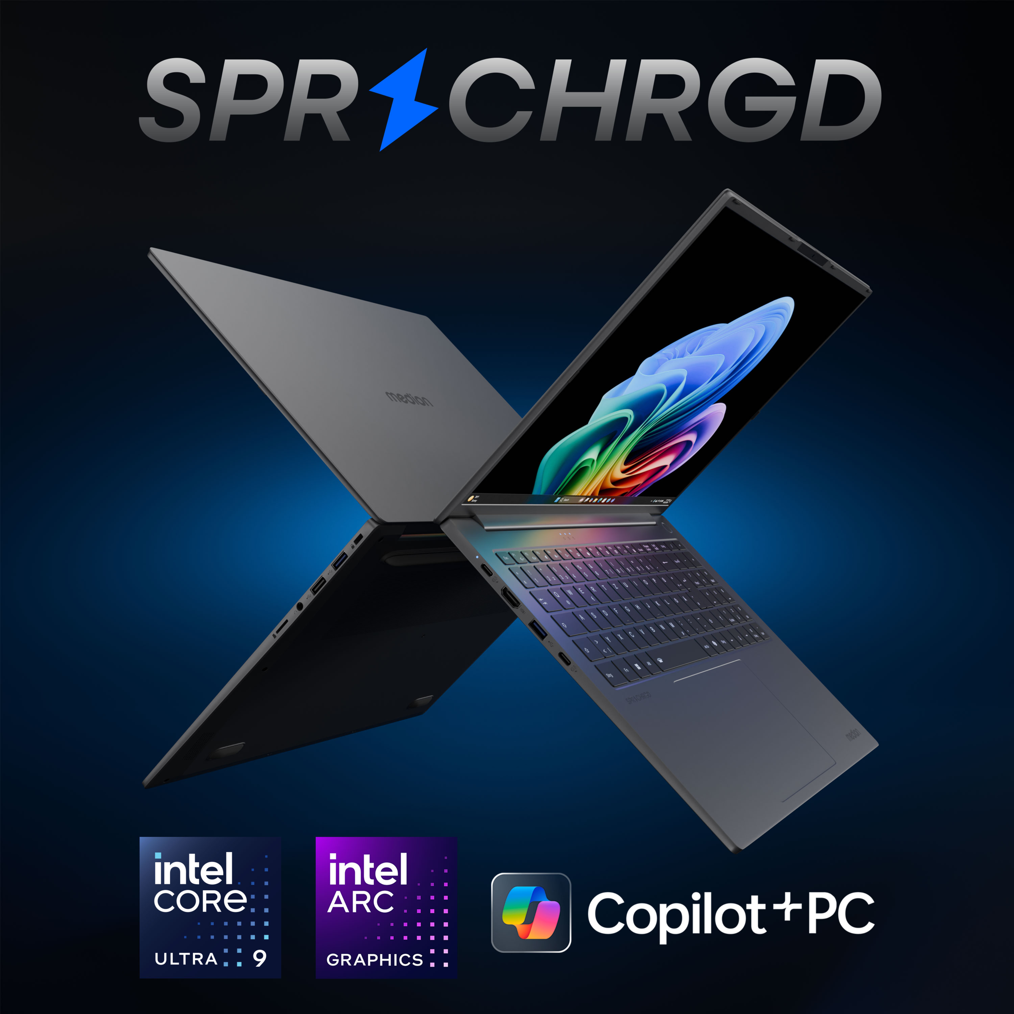 Ein Laptop mit geöffnetem Bildschirm und Tastatur, mit Intel-, Grafik- und Copilot+PC-Logos.