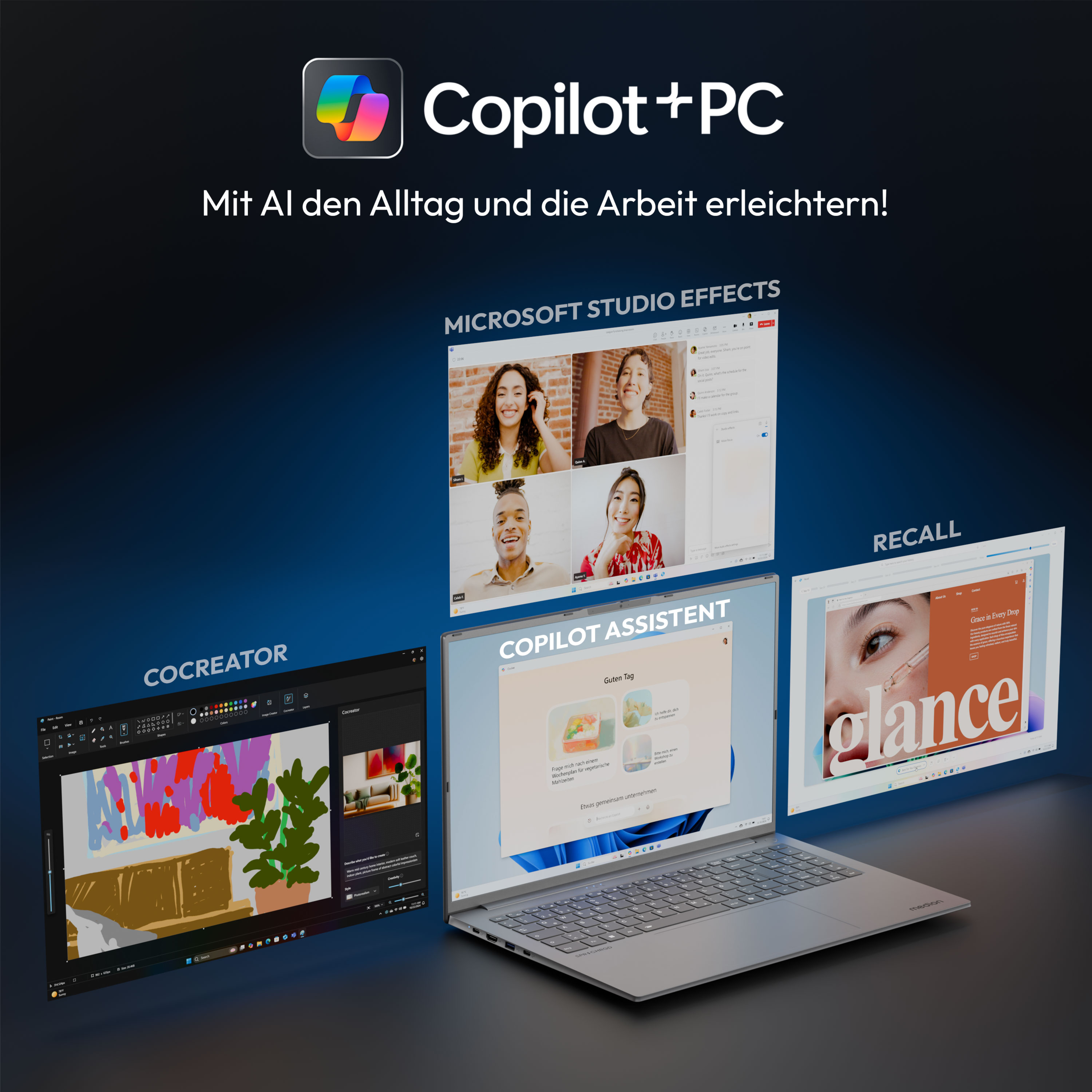 Laptop mit mehreren App-Fenstern. Text: Copilot+PC. Der Hintergrund ist dunkelblau mit anderem Text.