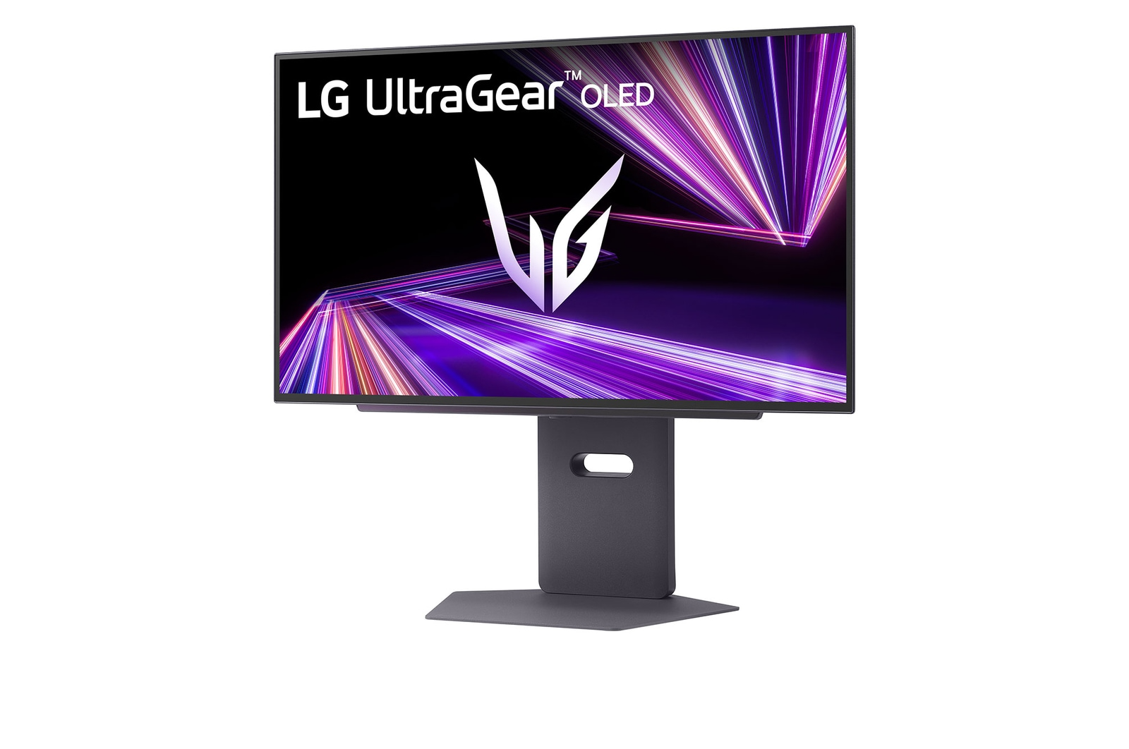 Egy LG UltraGear OLED monitor, fekete, sötét állvánnyal, fehér háttér előtt.
