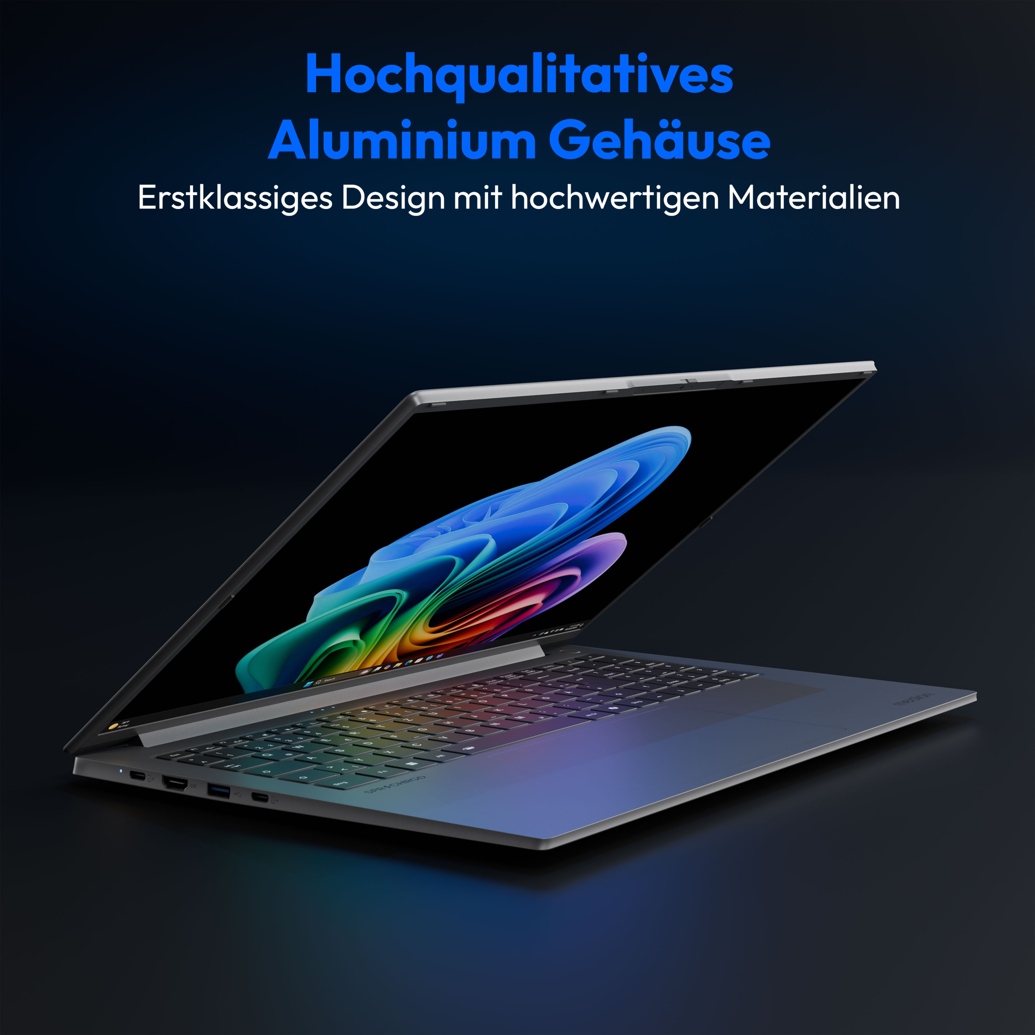 Laptop mit bunter Tastatur, offen. Blauer und schwarzer Hintergrund.