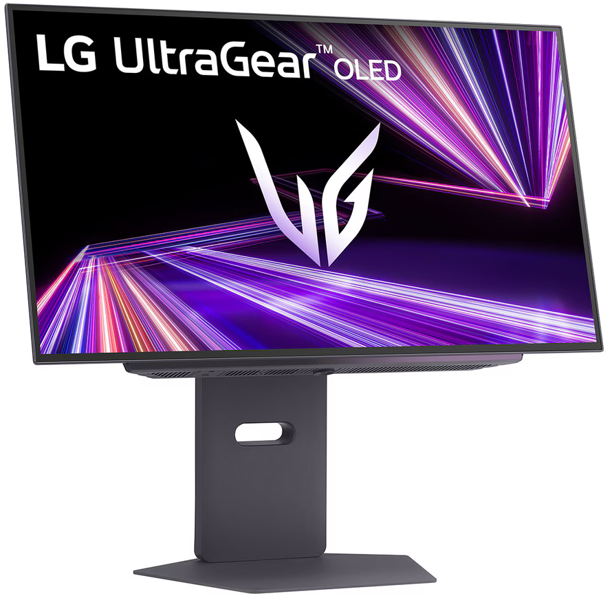 LG UltraGear OLED monitor stilizált állvánnyal, vibráló vizuális effektekkel.