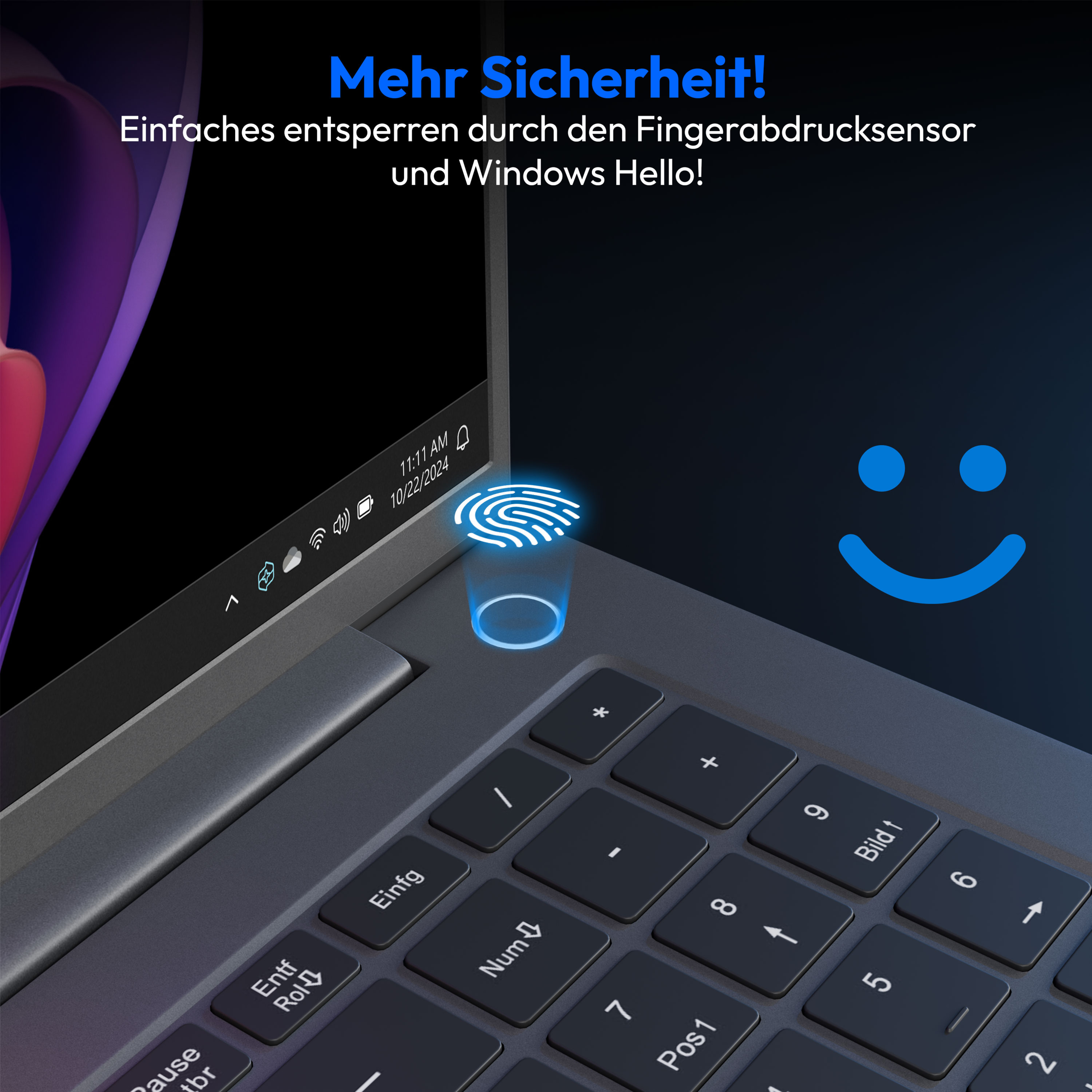Nahaufnahme der Laptop-Tastatur mit Fingerabdrucksensor, Windows Hello Logo.