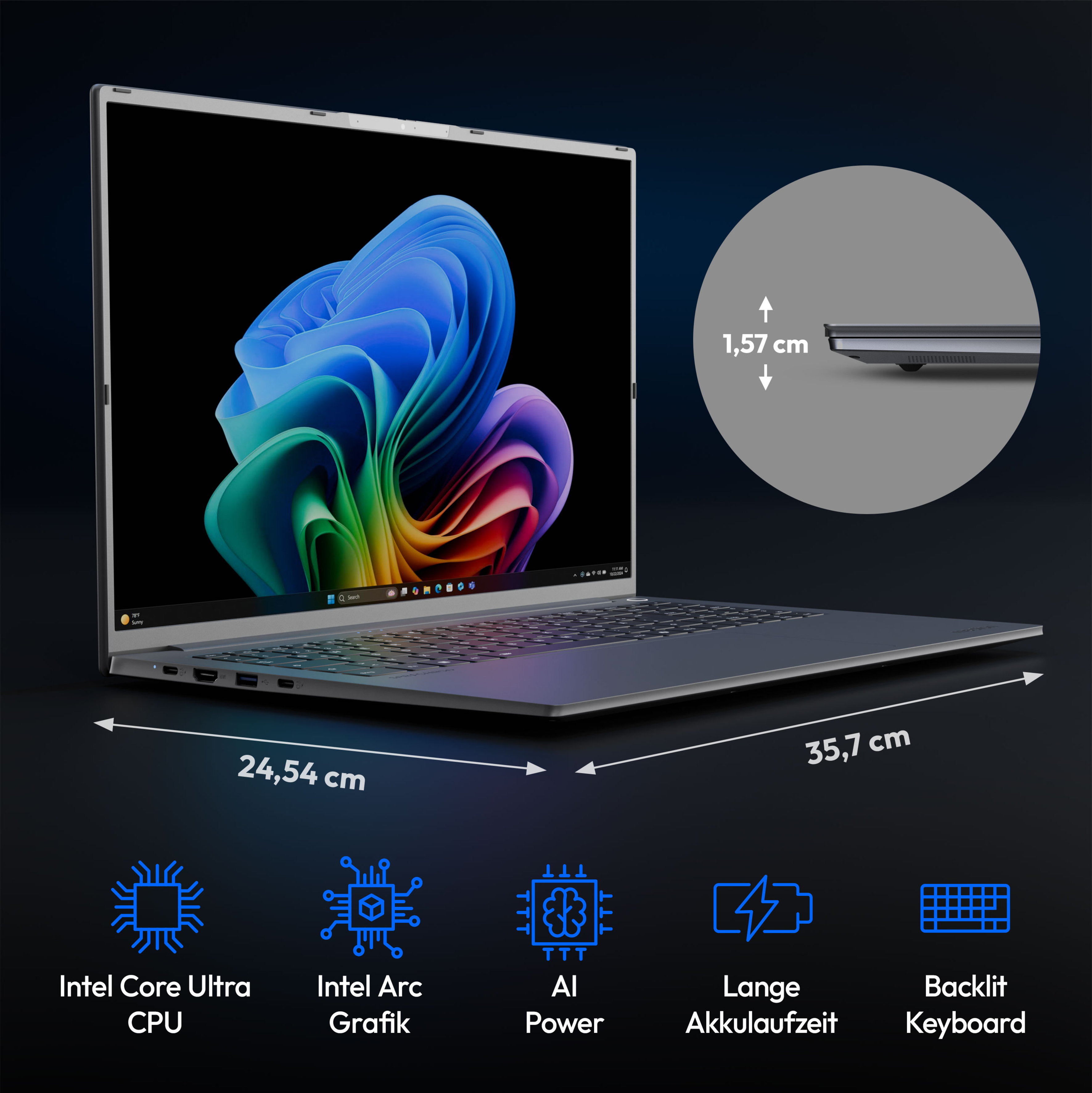 Ein Laptop mit großem Bildschirm, der ein farbenfrohes abstraktes Bild zeigt, mit Symbolen darunter.