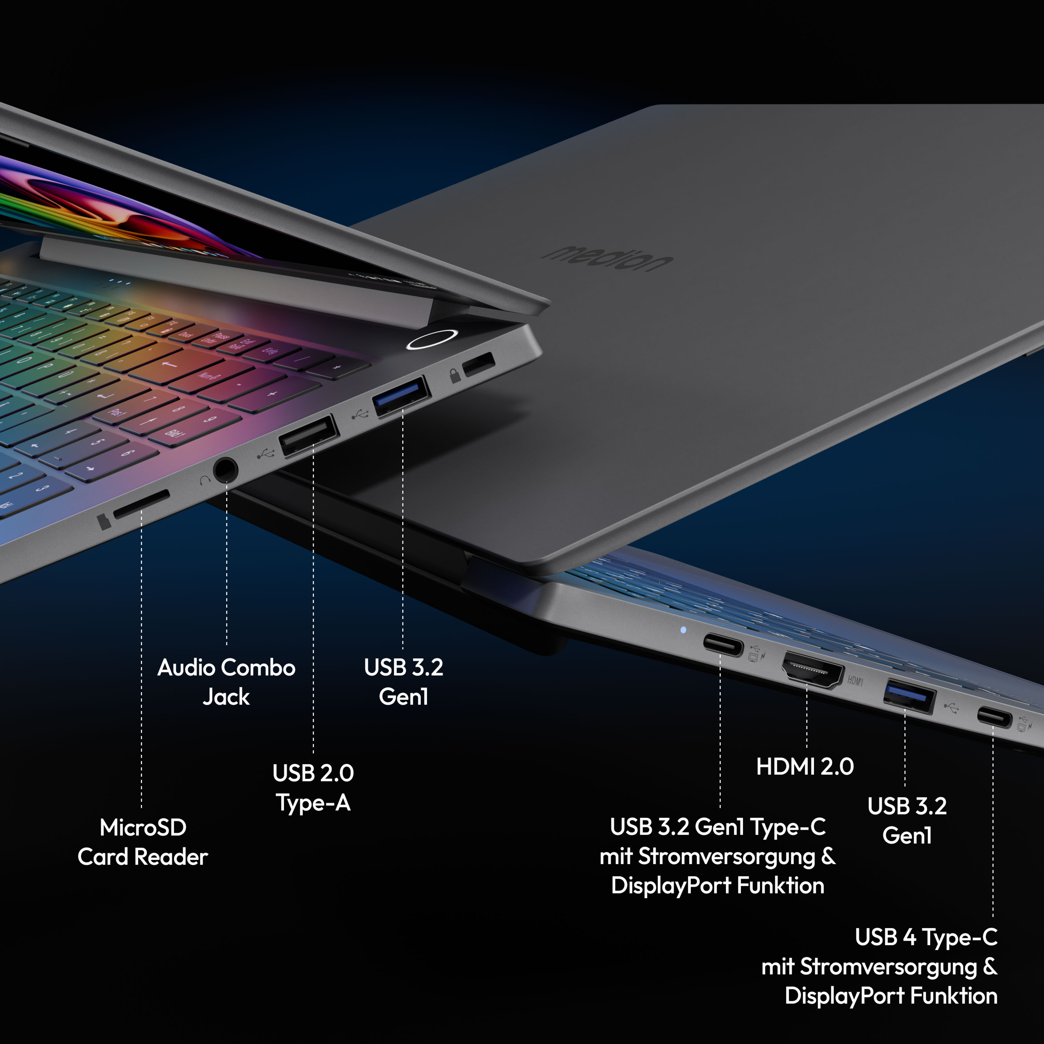Nahaufnahme eines Laptops, der Anschlüsse und Beschriftungen zeigt.