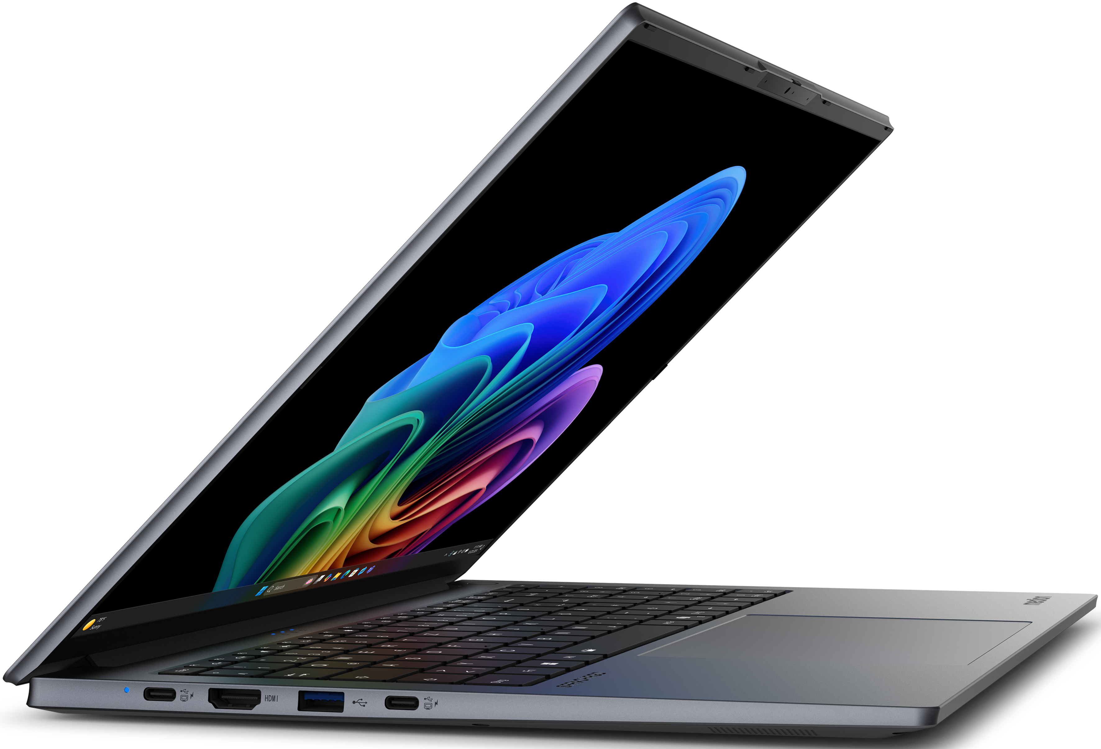 Laptop mit farbenfrohem Bildschirm, schräg geöffnet, auf weißem Hintergrund.