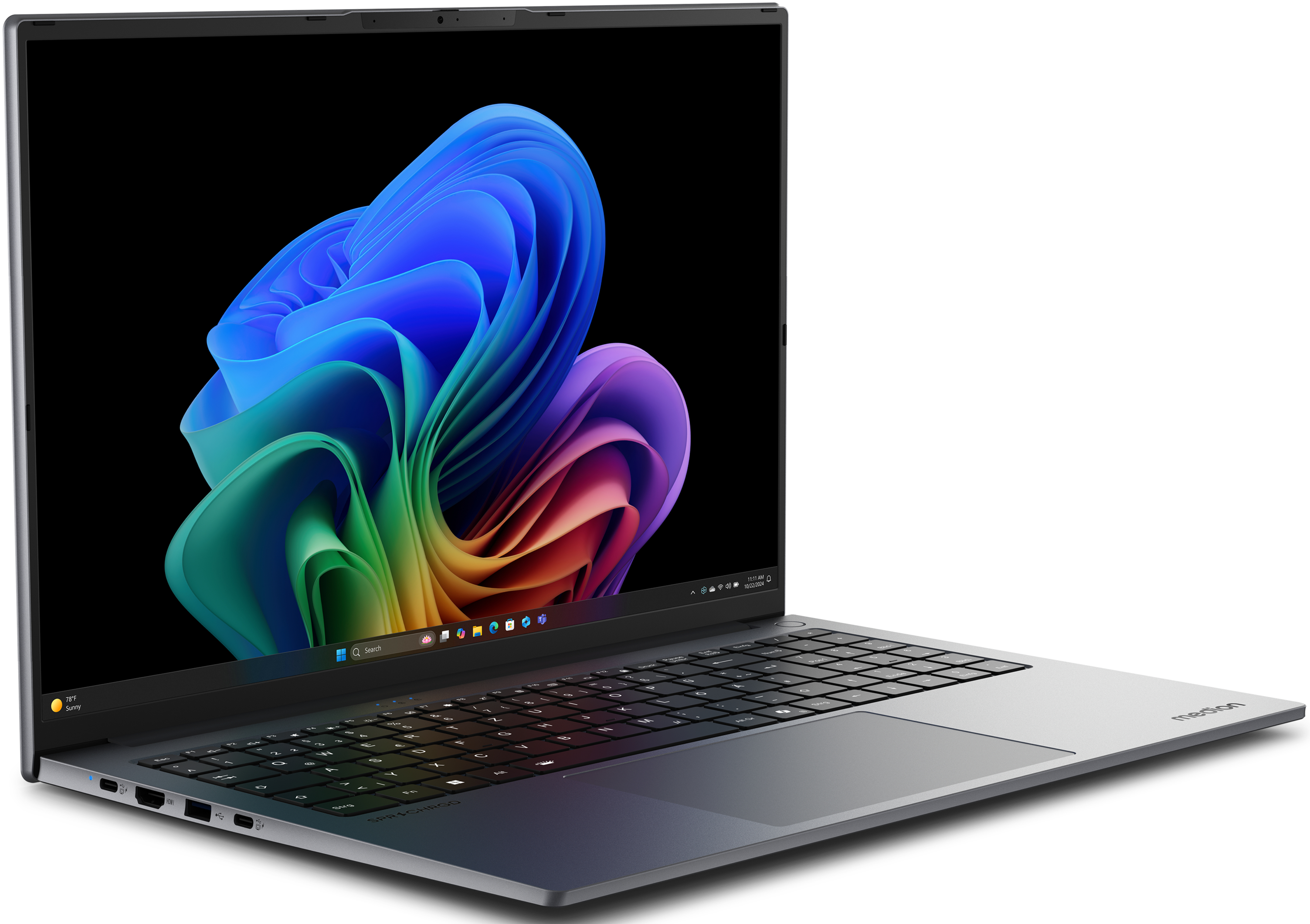 Ein grauer Laptop mit buntem, abstraktem Hintergrund.
