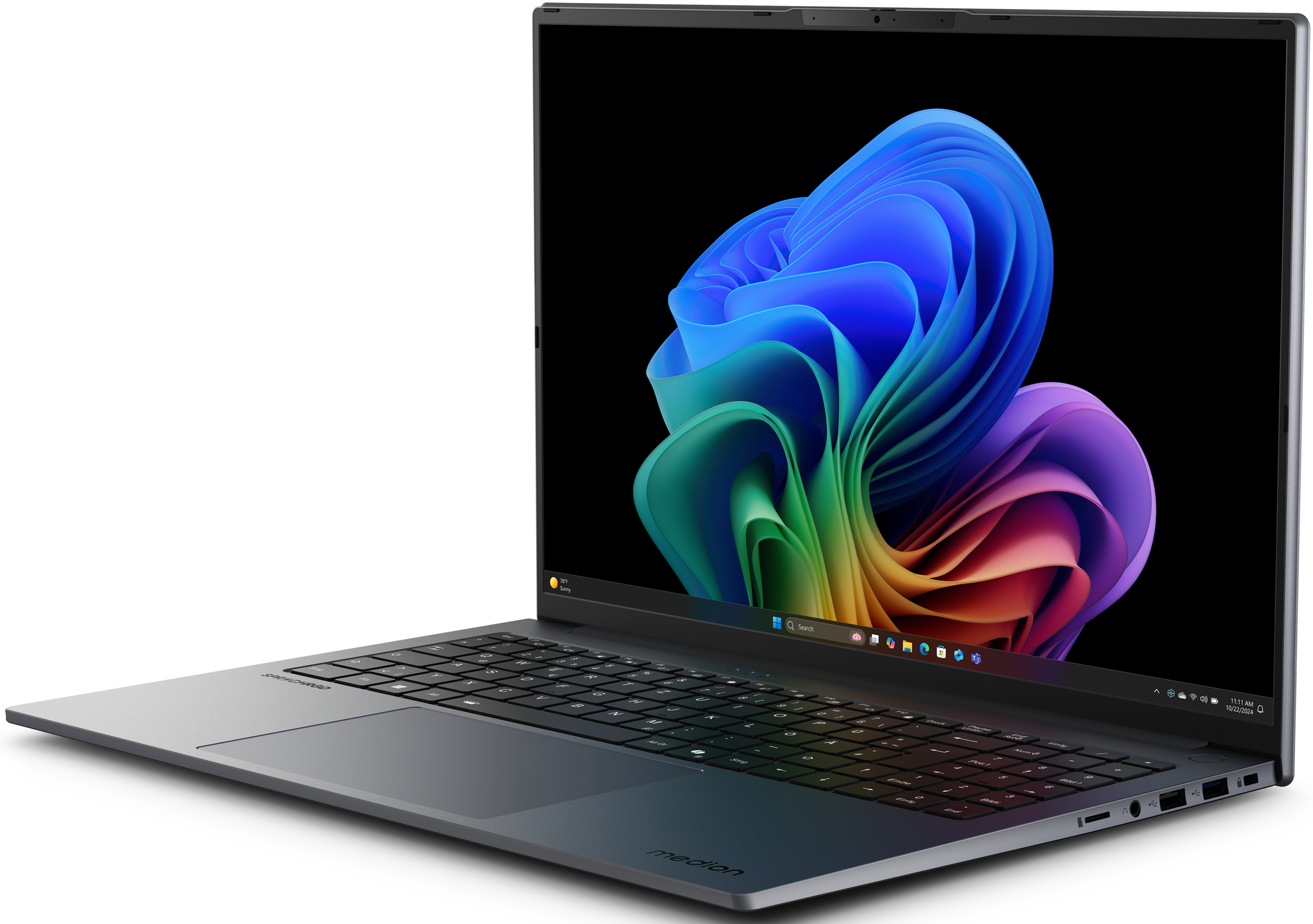 Laptop auf einem Tisch, mit einem farbenfrohen abstrakten Hintergrund auf dem Bildschirm.