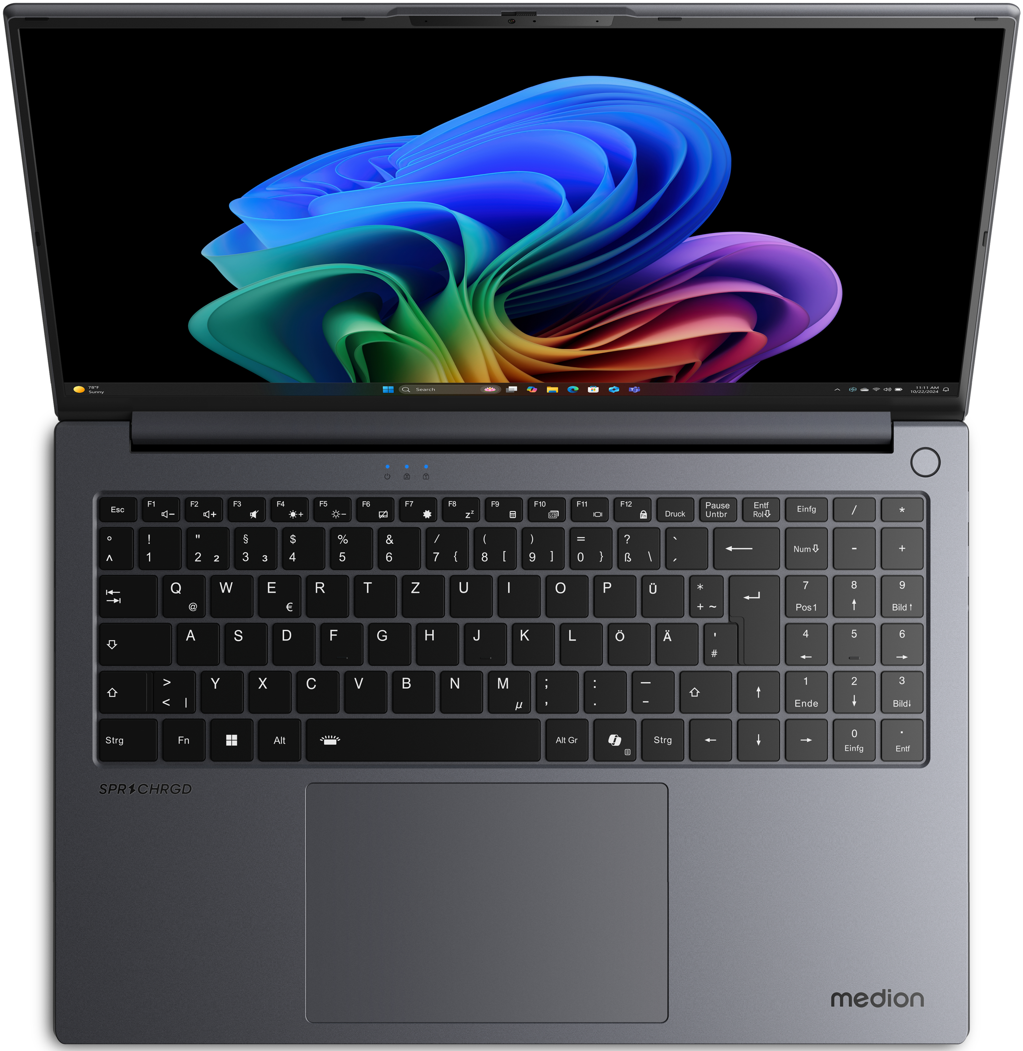 Laptop offen, farbenfroher Bildschirm, Tastatur und Touchpad.