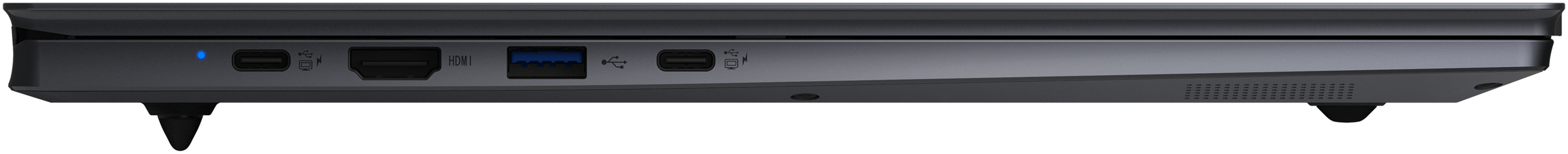 Seitenansicht eines schwarzen Laptops mit Anschlüssen auf der linken Seite.
