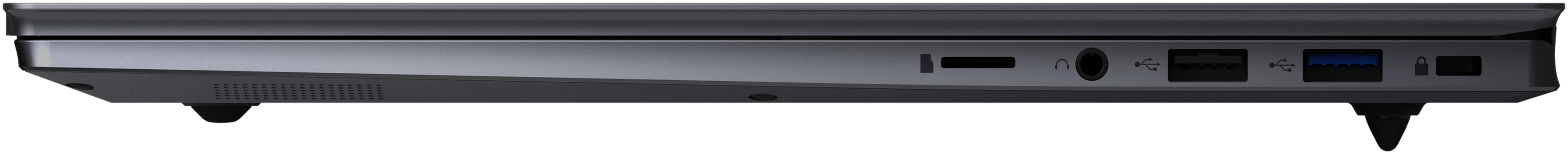 Seitenprofil eines dunkelgrauen Laptops mit Anschlüssen: SD, Audio, USB und Schloss.
