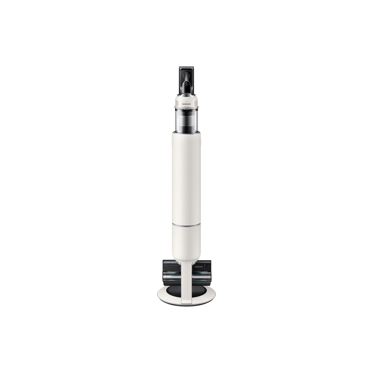 White and silver vacuum cleaner with black base on white.