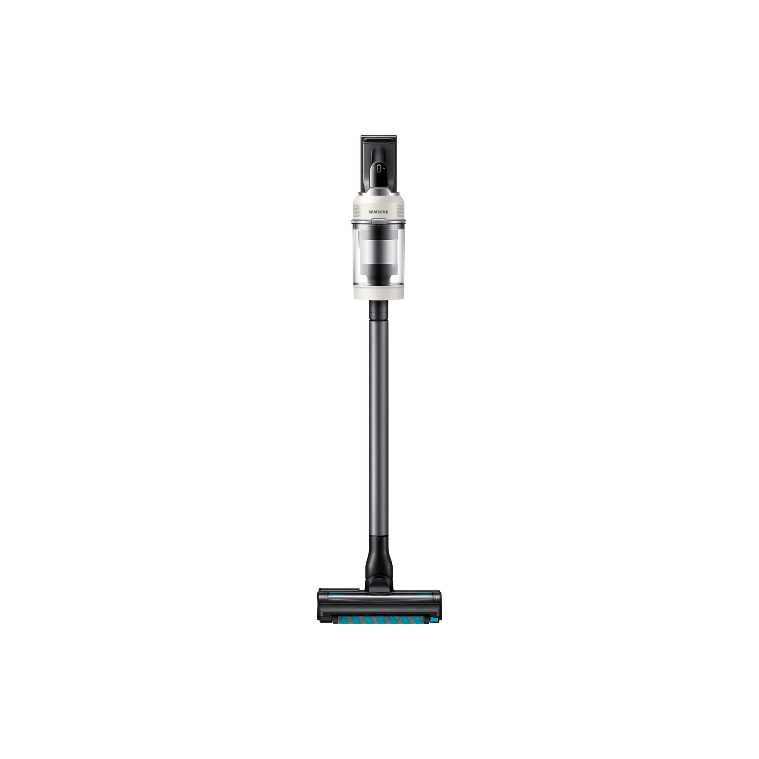 White and gray Samsung stick vacuum cleaner on white background.