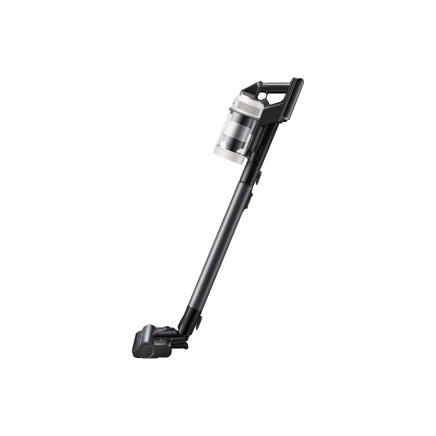 A black and white cordless vacuum cleaner on a white background.