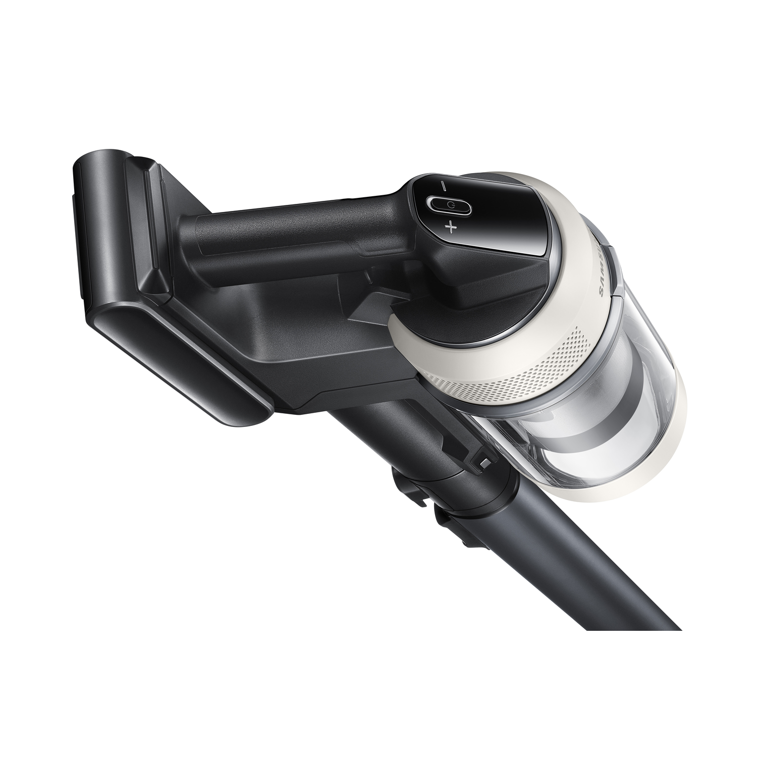Close-up of a cordless vacuum cleaner. It has a black body with white accents.