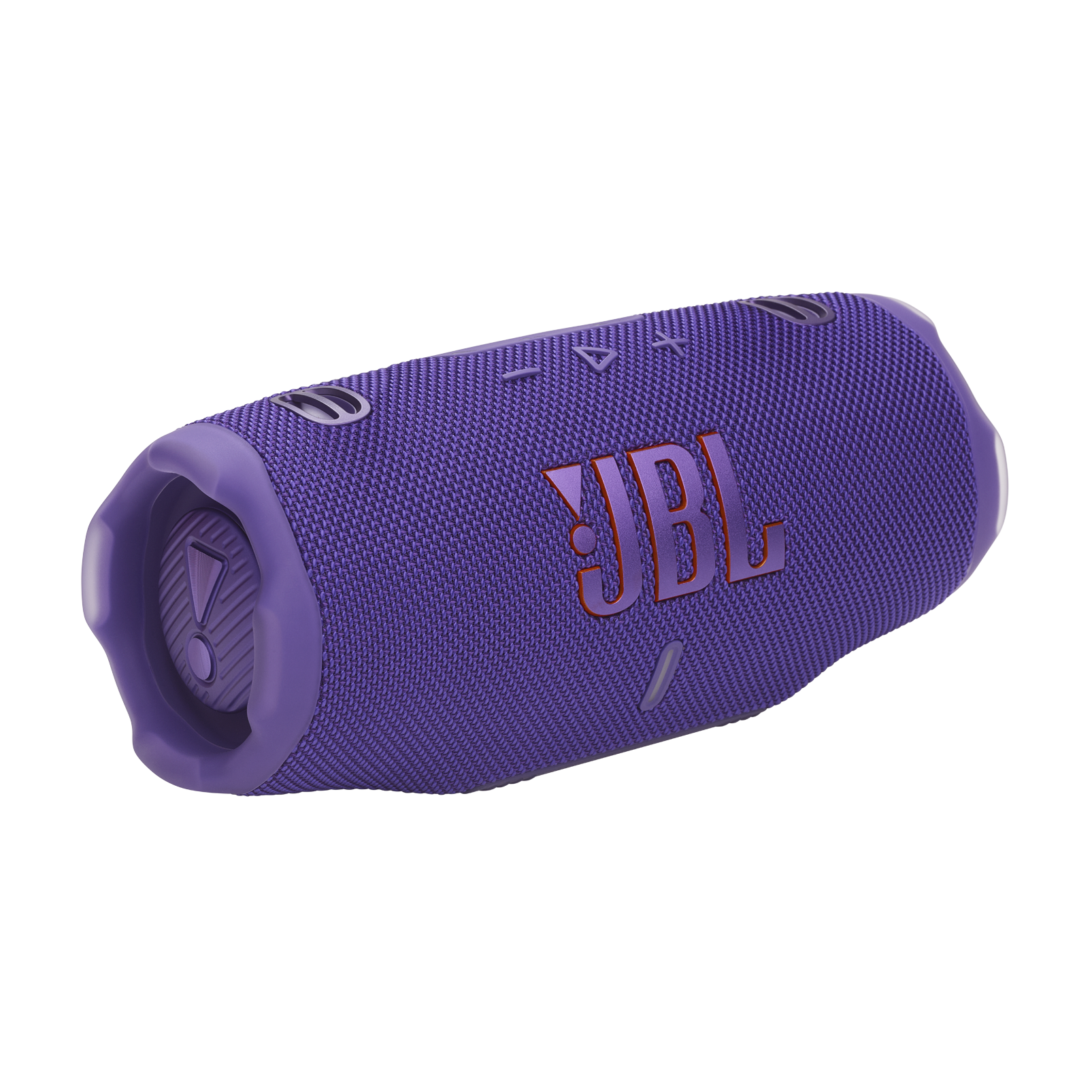 Kırmızı JBL logosu bulunan, silindirik şekilli mor JBL hoparlör.