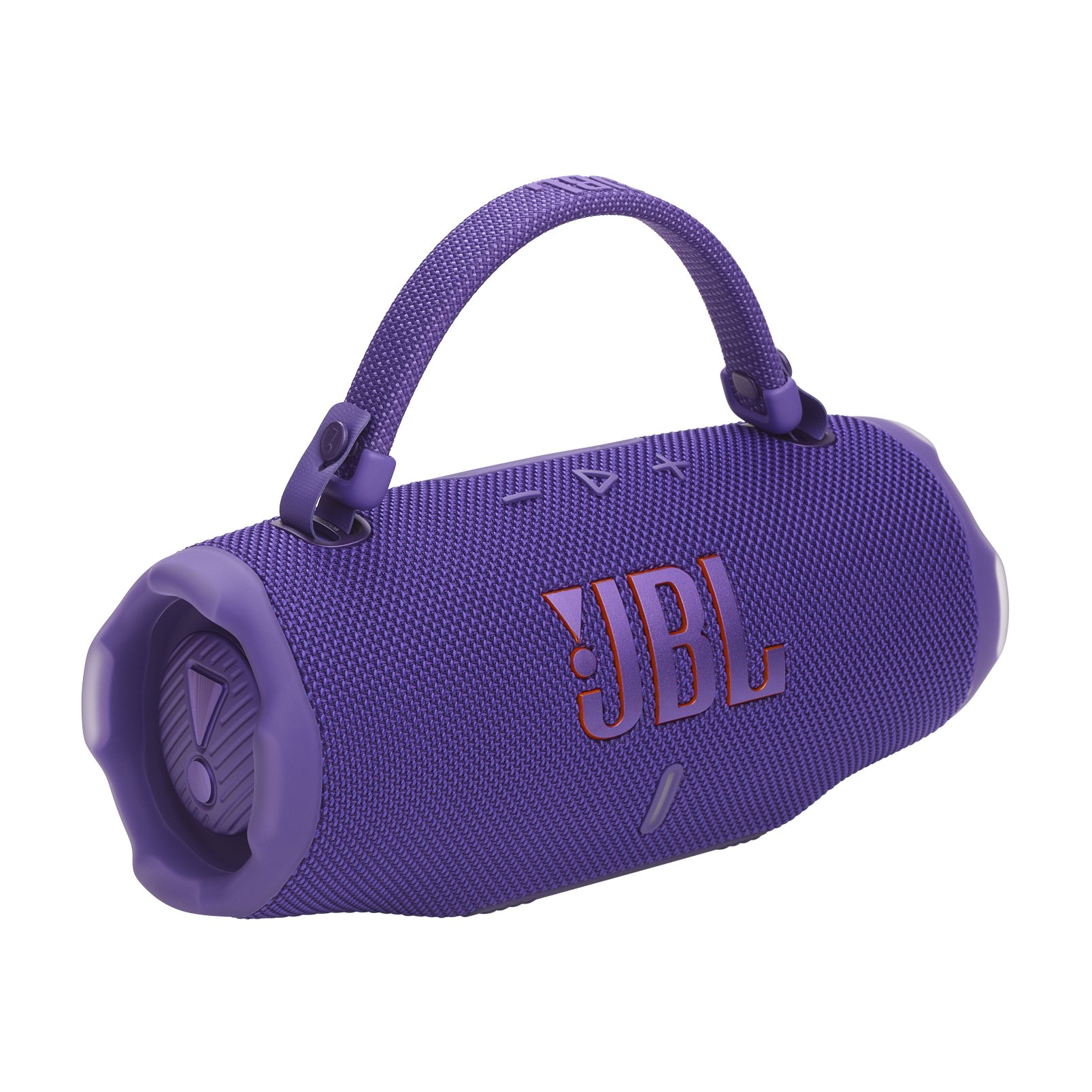 Siyah arka plan üzerinde tutamağı olan mor JBL hoparlör. JBL logosu görünür.