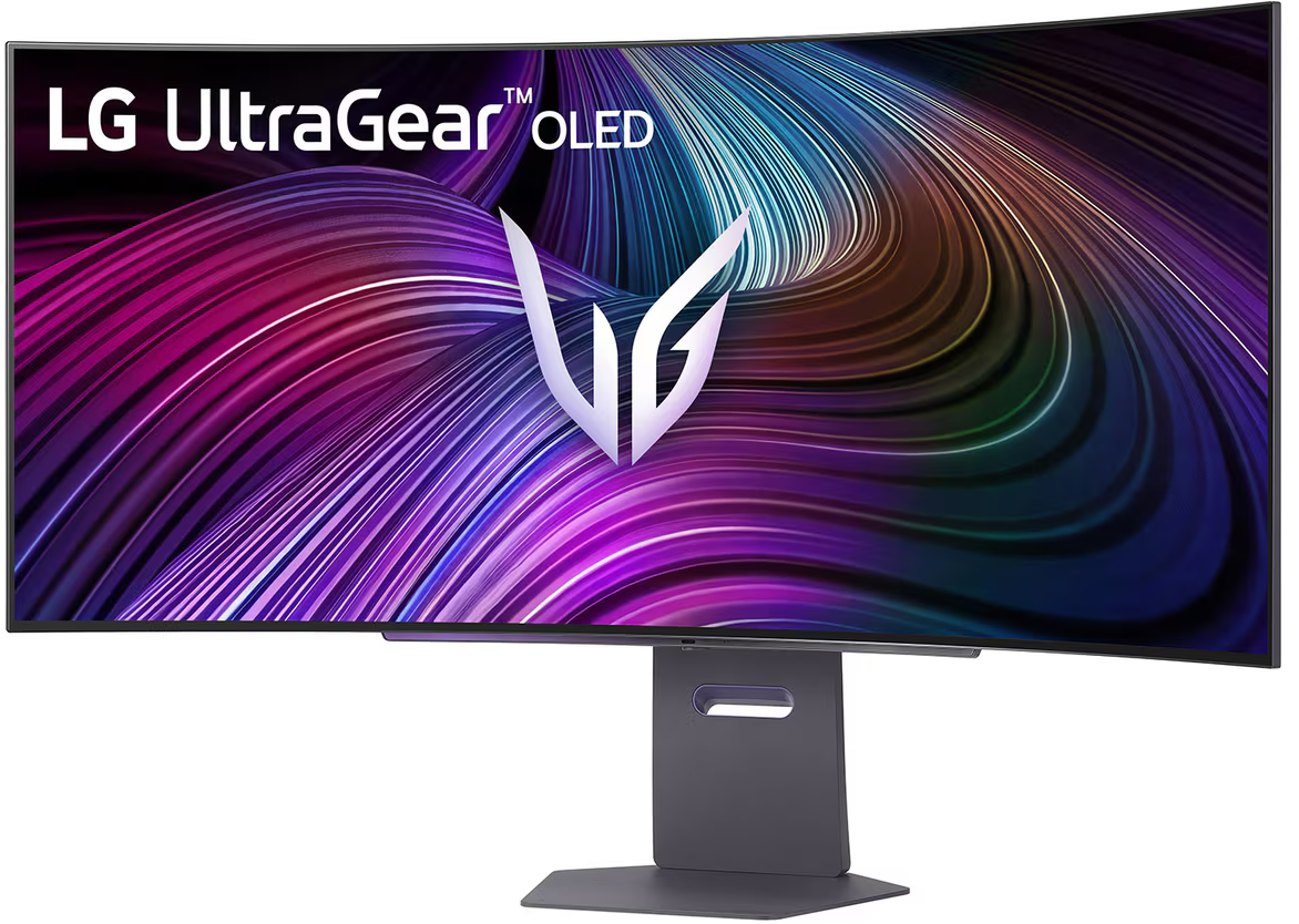 Ívelt LG UltraGear OLED monitor állvánnyal, színes háttérrel és logóval.