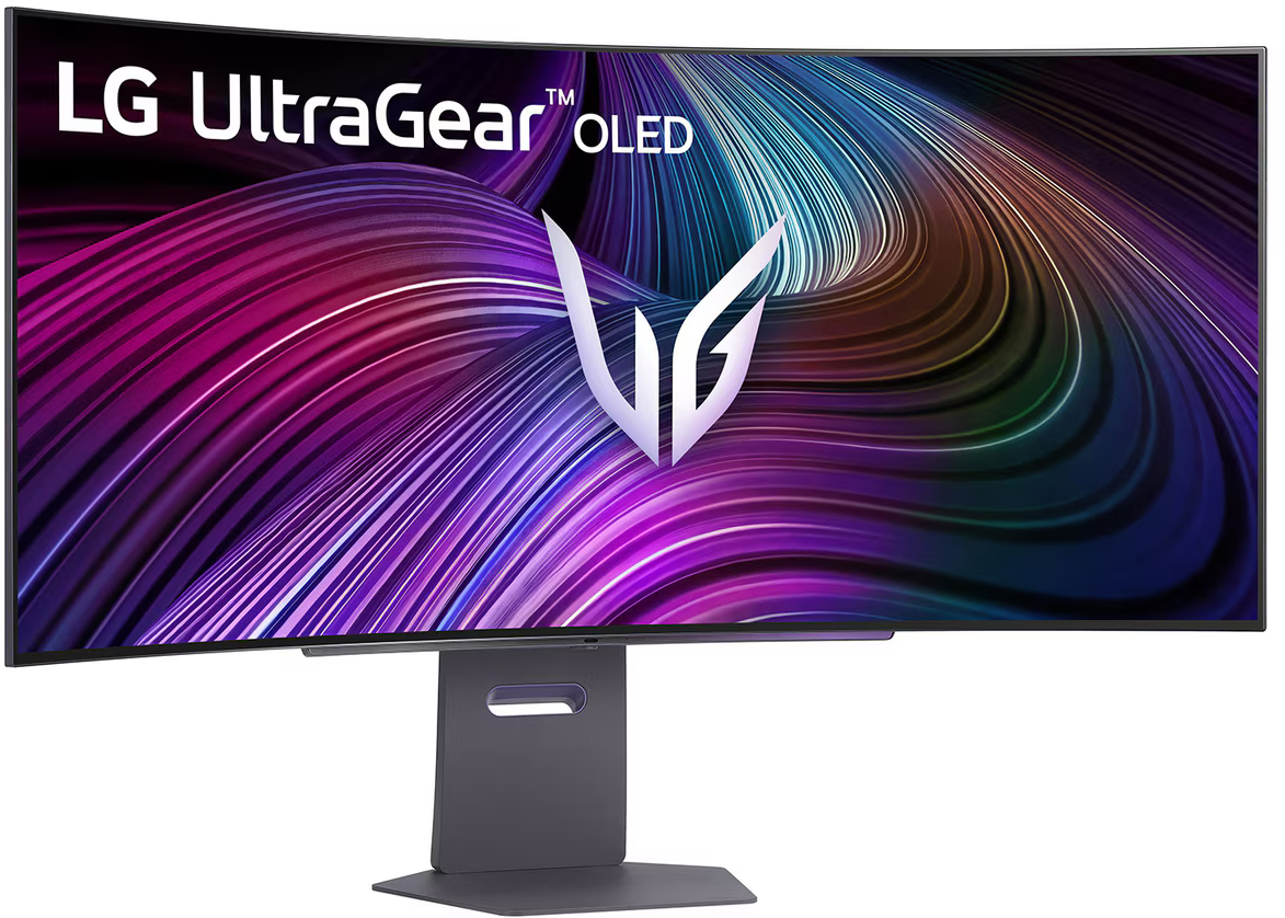 Ívelt monitor LG UltraGear OLED logóval. A kijelző színes, absztrakt grafikákat mutat.