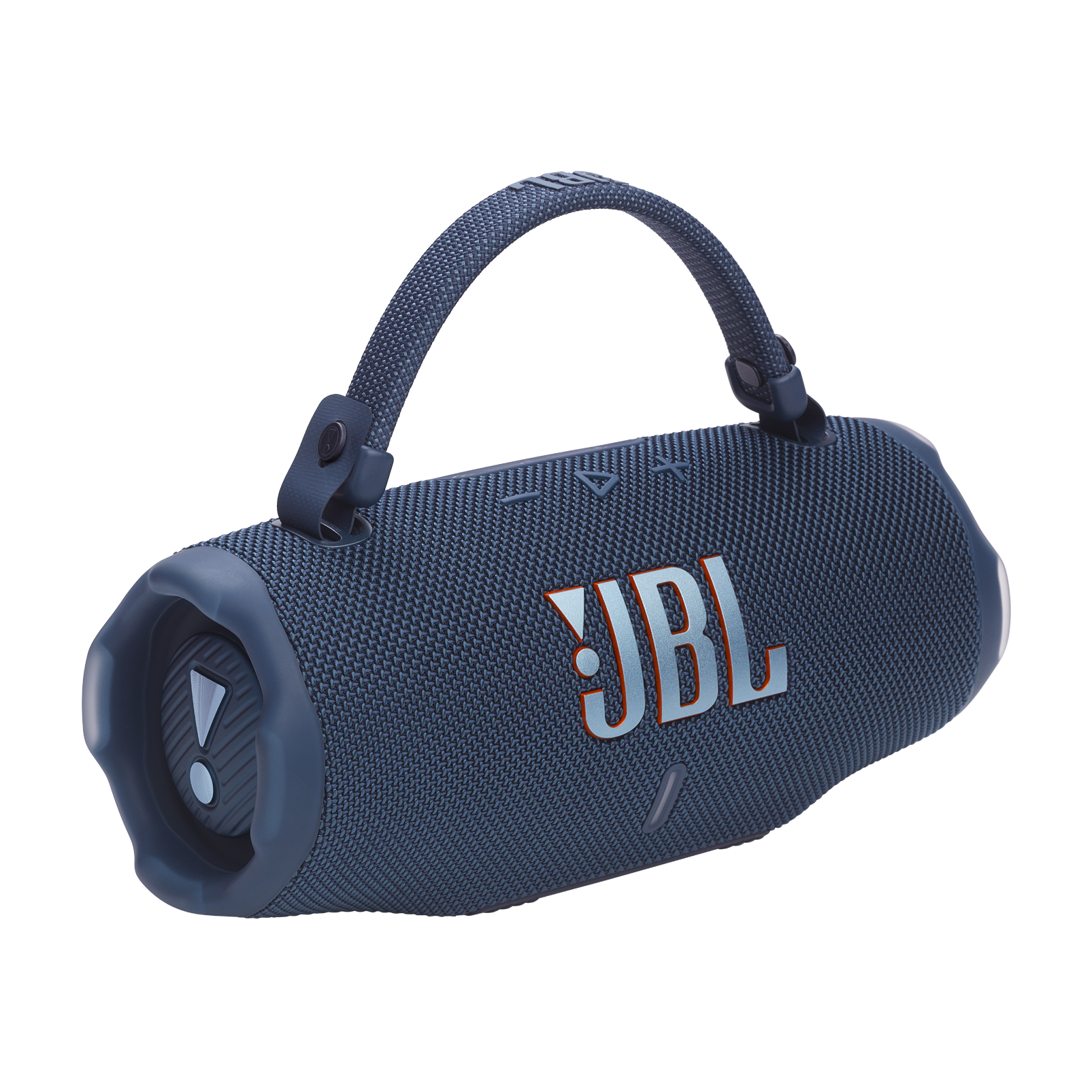 Taşıma saplı mavi bir JBL hoparlör.