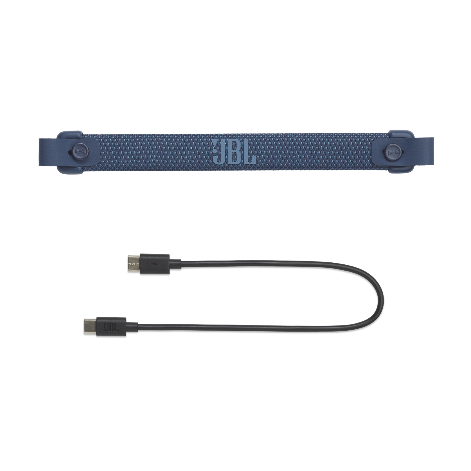 JBL logosu ve bir USB kablosu olan mavi bir kayış.