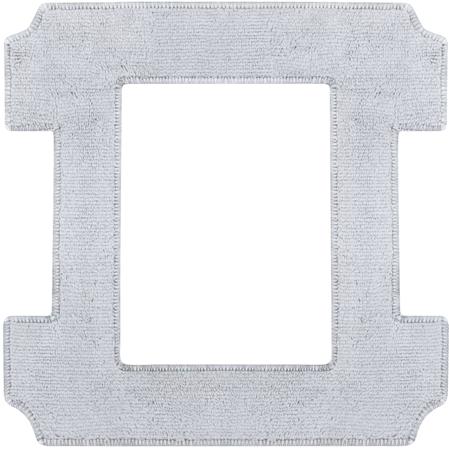 Tapis de bain rectangulaire blanc avec une découpe carrée centrale et une bordure décorative.