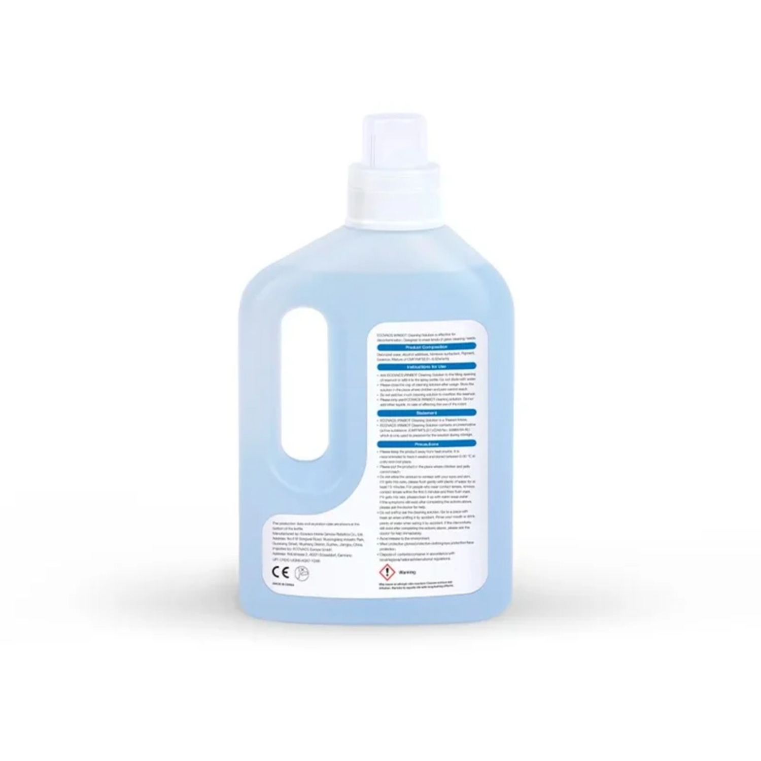 A blue bottle of liquid with a white cap and a label with instructions.